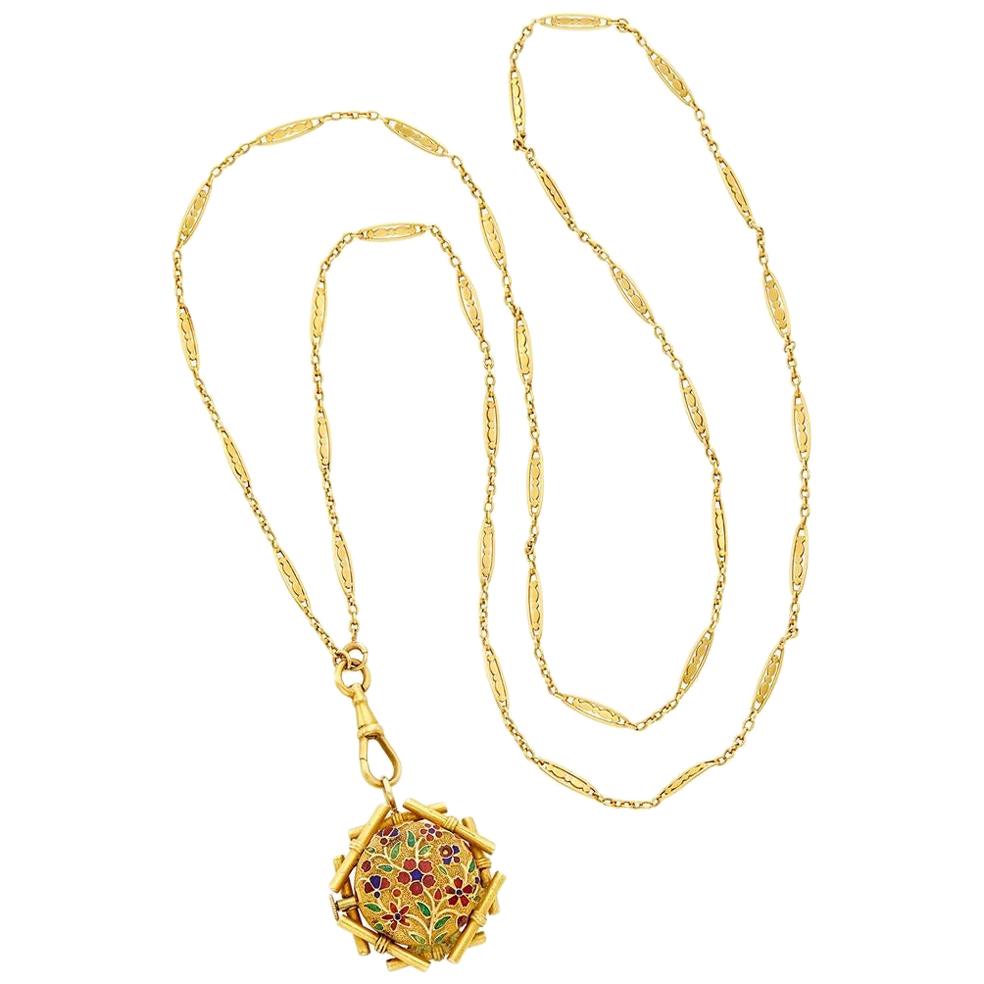 Antique Gold Enamel Watch Pendant Necklace