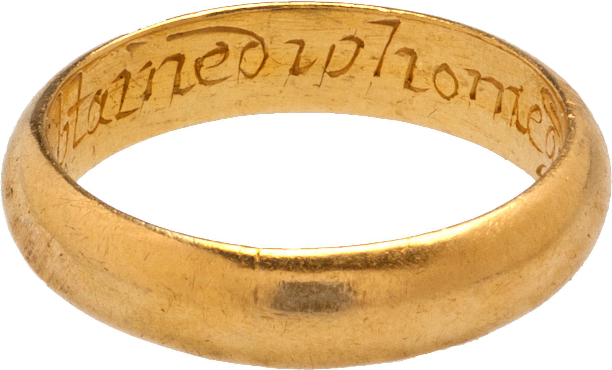 POSY RING “I HAVE OBTAINED WHOME GOD ORDAIND”
England, 17th century
Gold
Circumference 58 mm.; weight 7.9 gr.; US size 8/8 ½ ; UK size Q ½

The plain hoop, flat on the interior and rounded on the exterior, is substantial. It is engraved on the