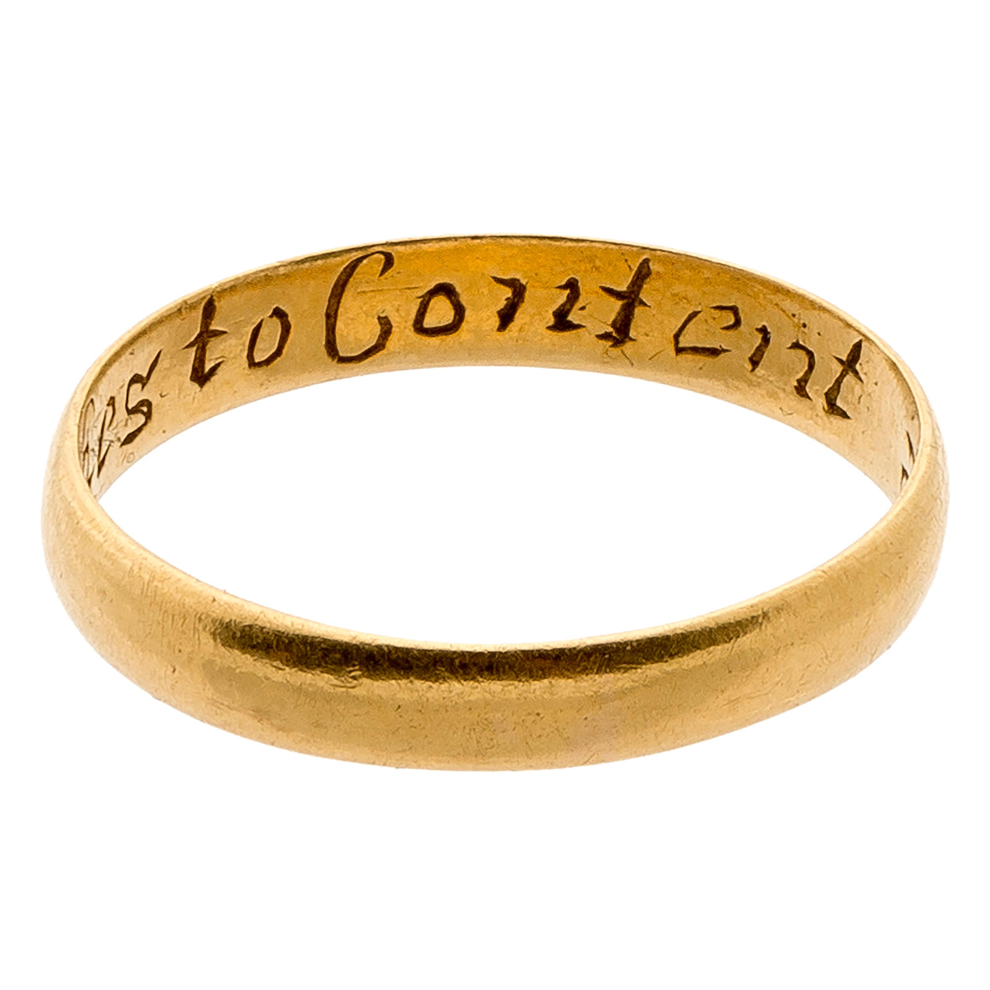Posy Ring, “No riches to content”
England, 18th century
Gold
Weight 2.8 gr.; circumference 60.98; US size 9.5, UK size S ¾ 

Gold band with D-section, plain on the exterior and on the interior are probably the initials of the giver “DMI” in capital