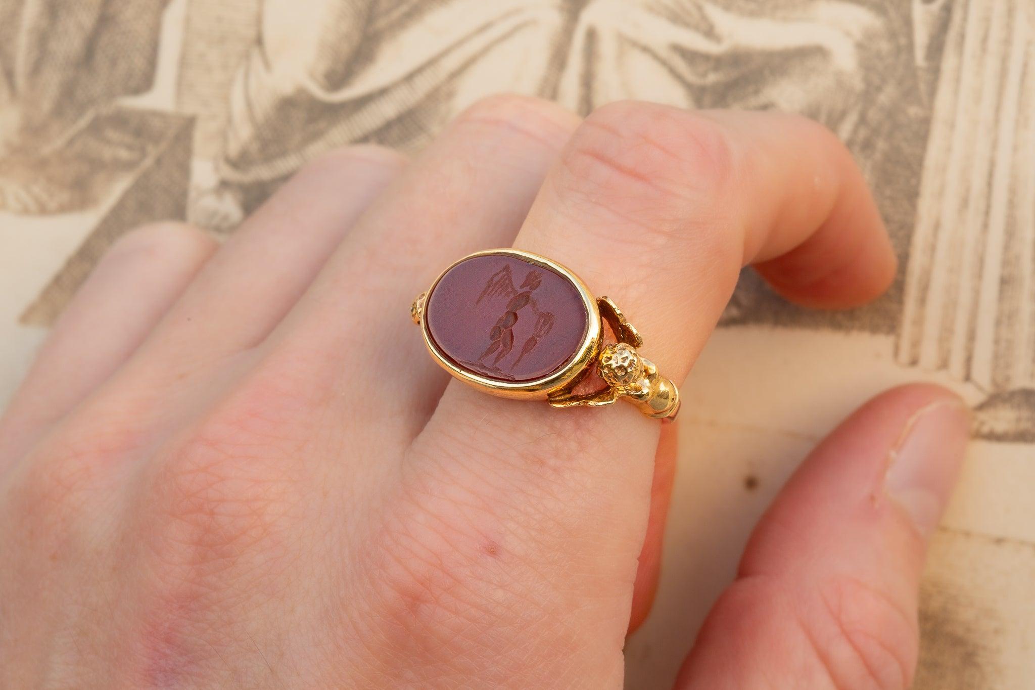 Antique Gold Engraved Carnelian Cherub Eros Intaglio Ring Signet Ring For Sale 6