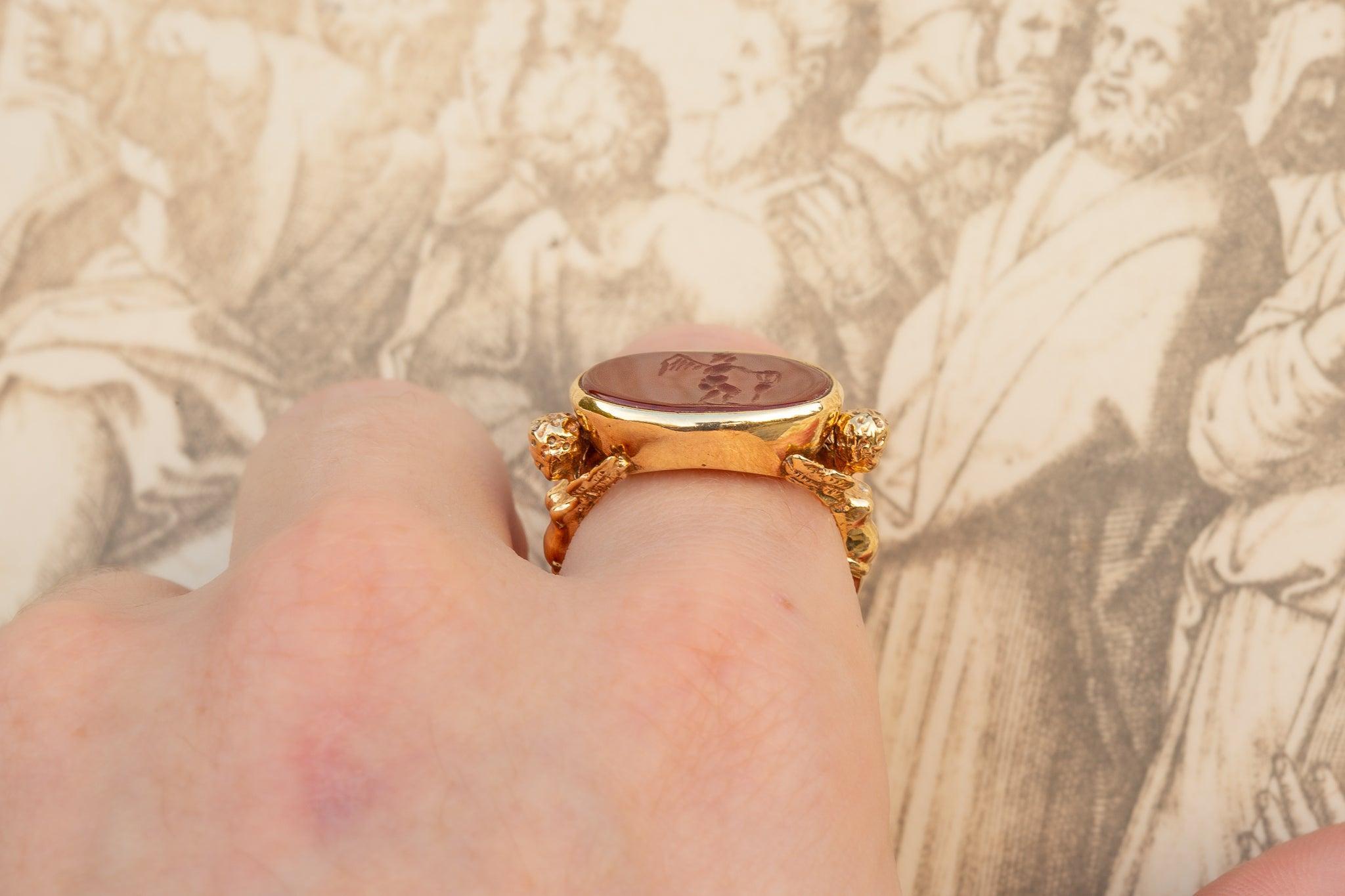 Antique Gold Engraved Carnelian Cherub Eros Intaglio Ring Signet Ring For Sale 7