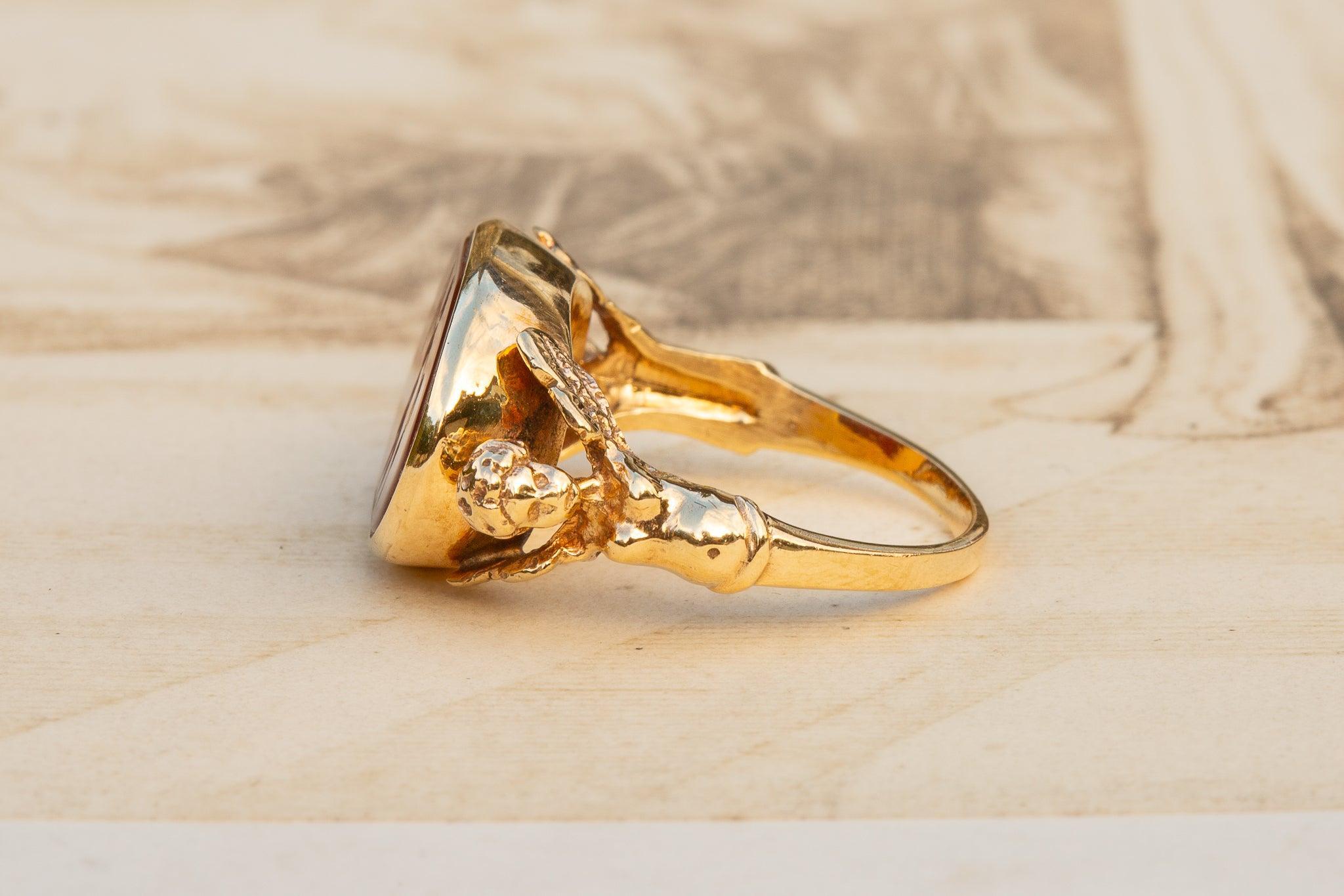 Women's Antique Gold Engraved Carnelian Cherub Eros Intaglio Ring Signet Ring For Sale