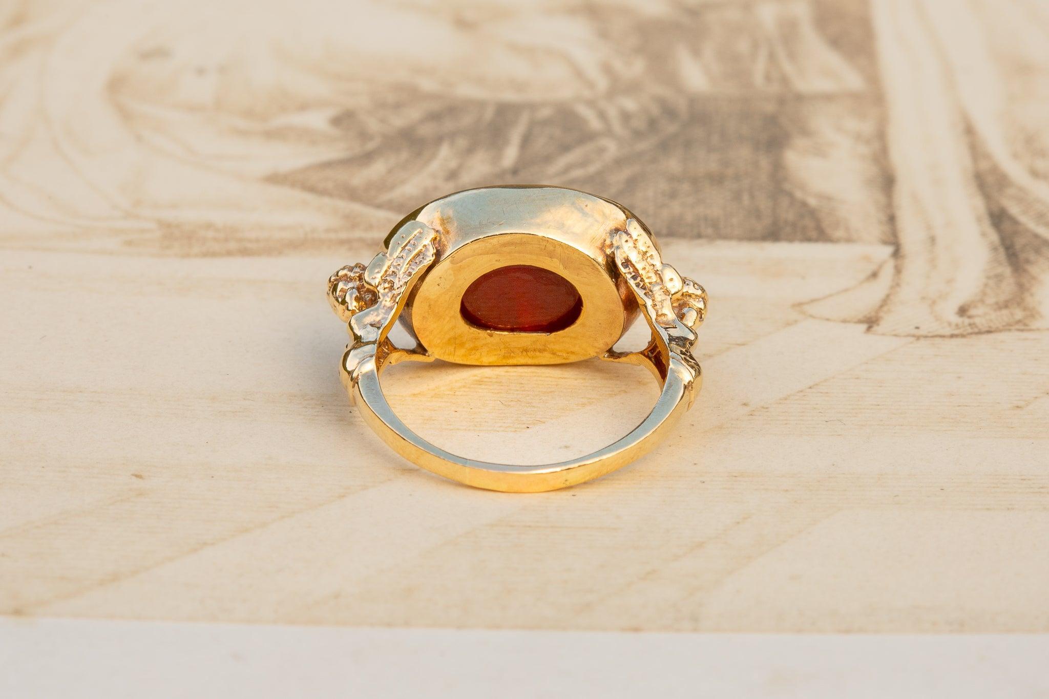 Antique Gold Engraved Carnelian Cherub Eros Intaglio Ring Signet Ring For Sale 1