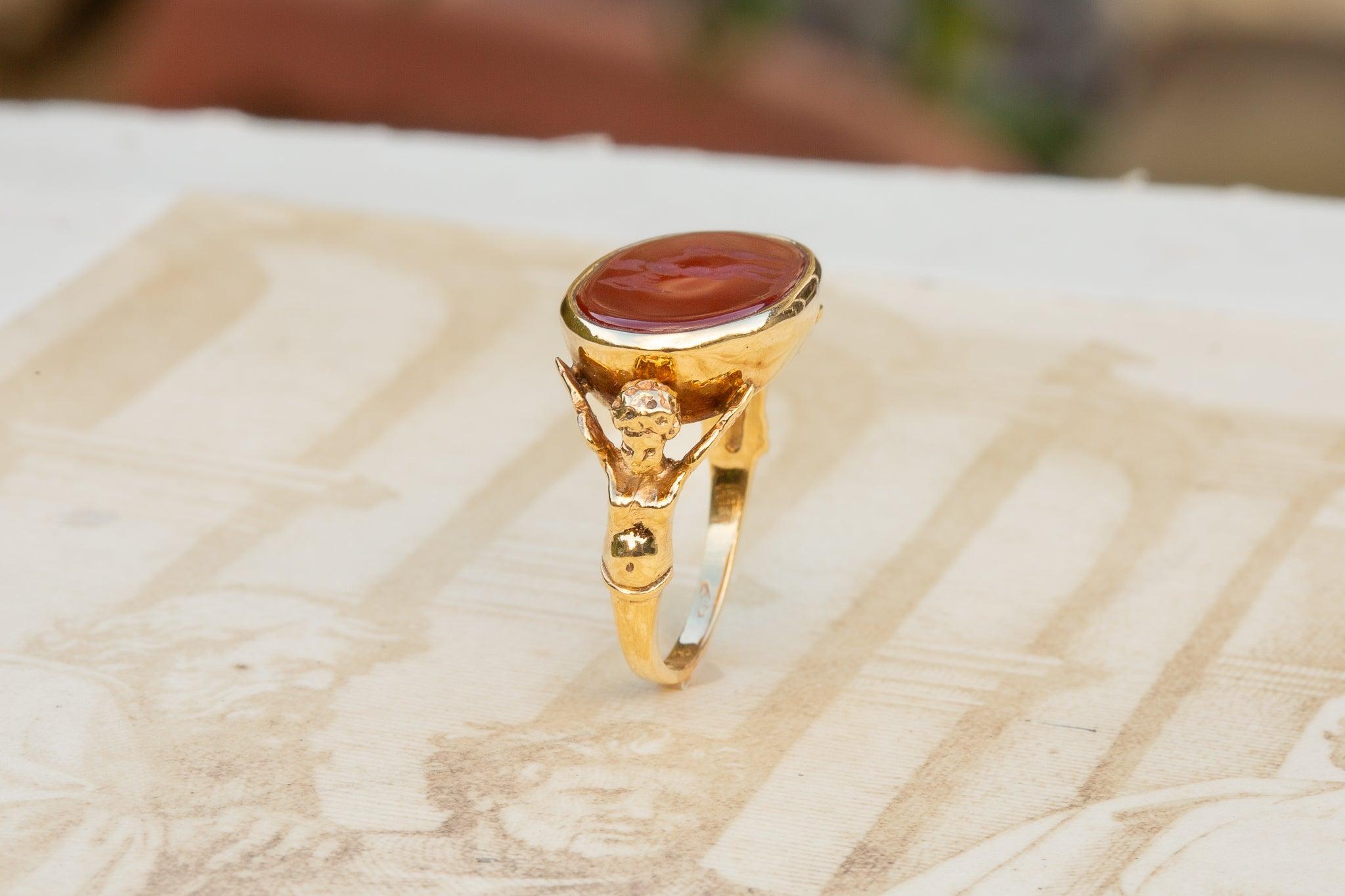 Antique Gold Engraved Carnelian Cherub Eros Intaglio Ring Signet Ring For Sale 2