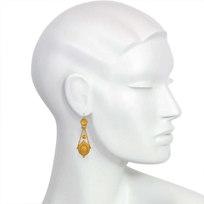 Women's or Men's Antique Gold Etruscan Revival Earrings with Scarab Motif Pendants