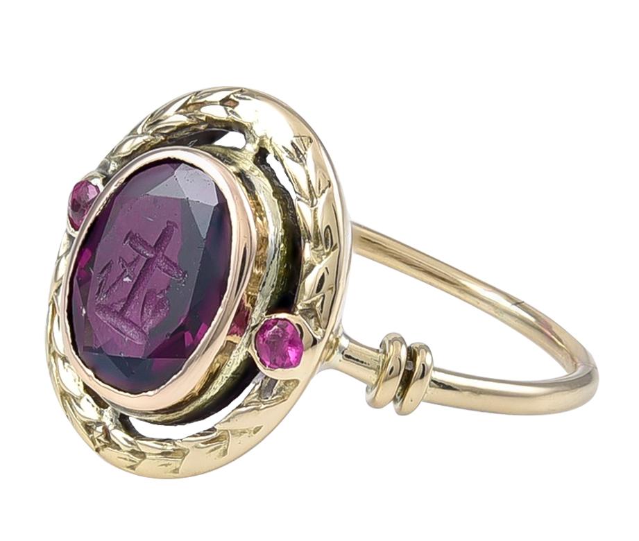 Unique and very special ring:  a faceted amethyst intaglio, carved with the 