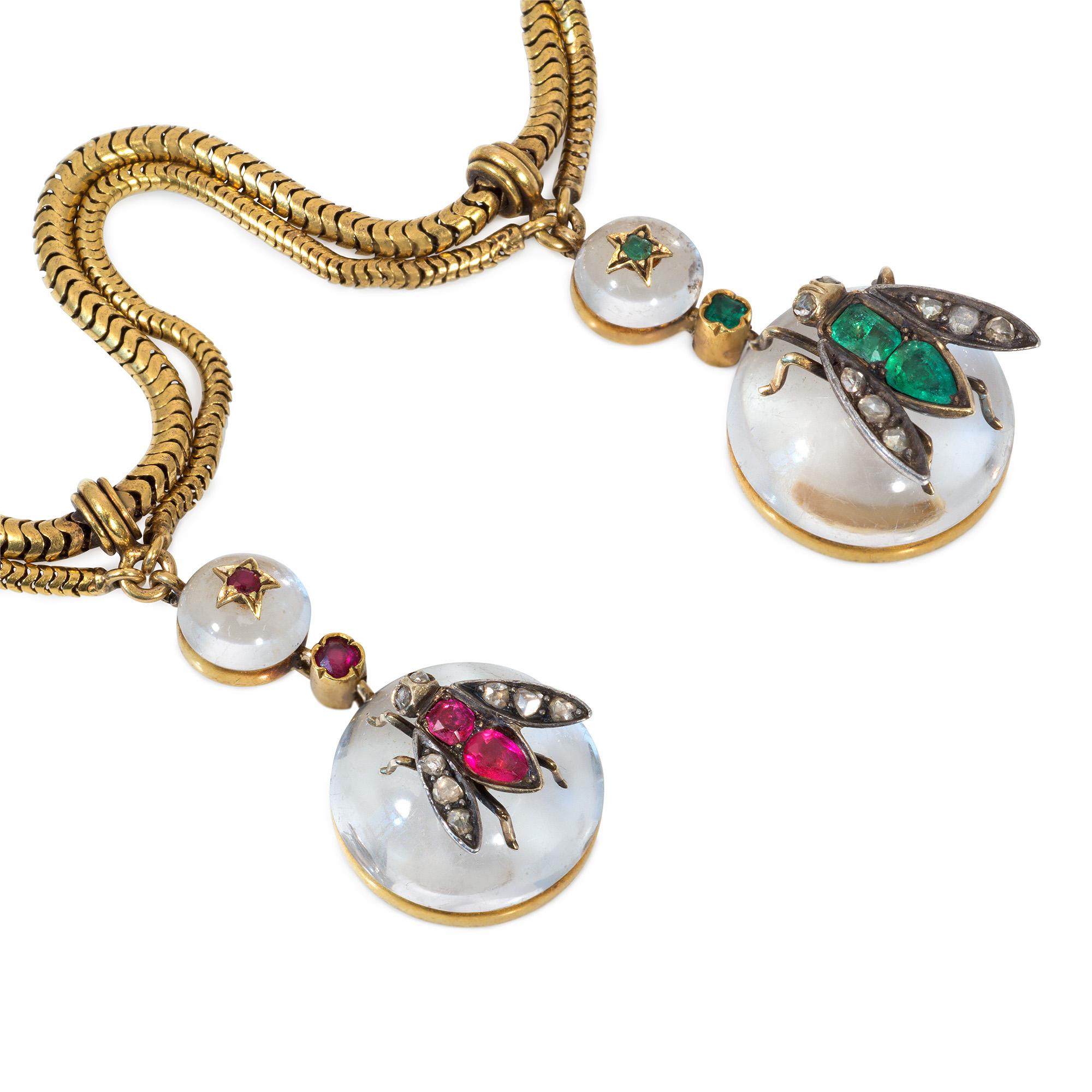 Victorian Antique Gold Festoon Necklace with Crystal Pendants Inset with Gemstone Insects For Sale