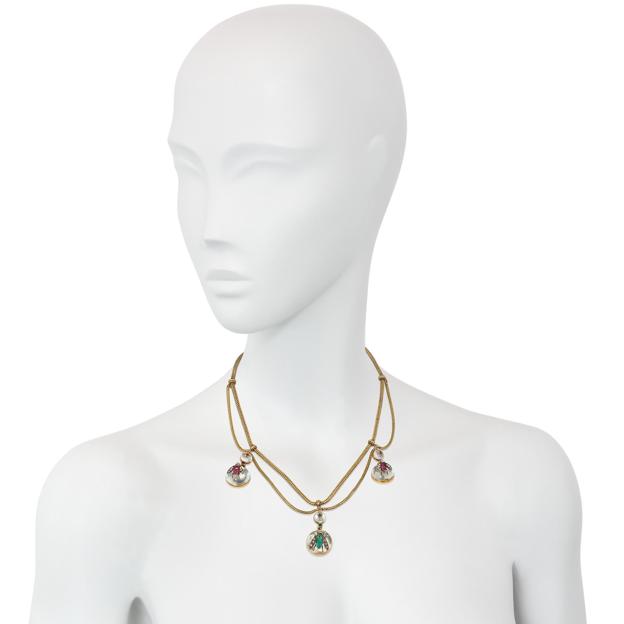 Mixed Cut Antique Gold Festoon Necklace with Crystal Pendants Inset with Gemstone Insects For Sale