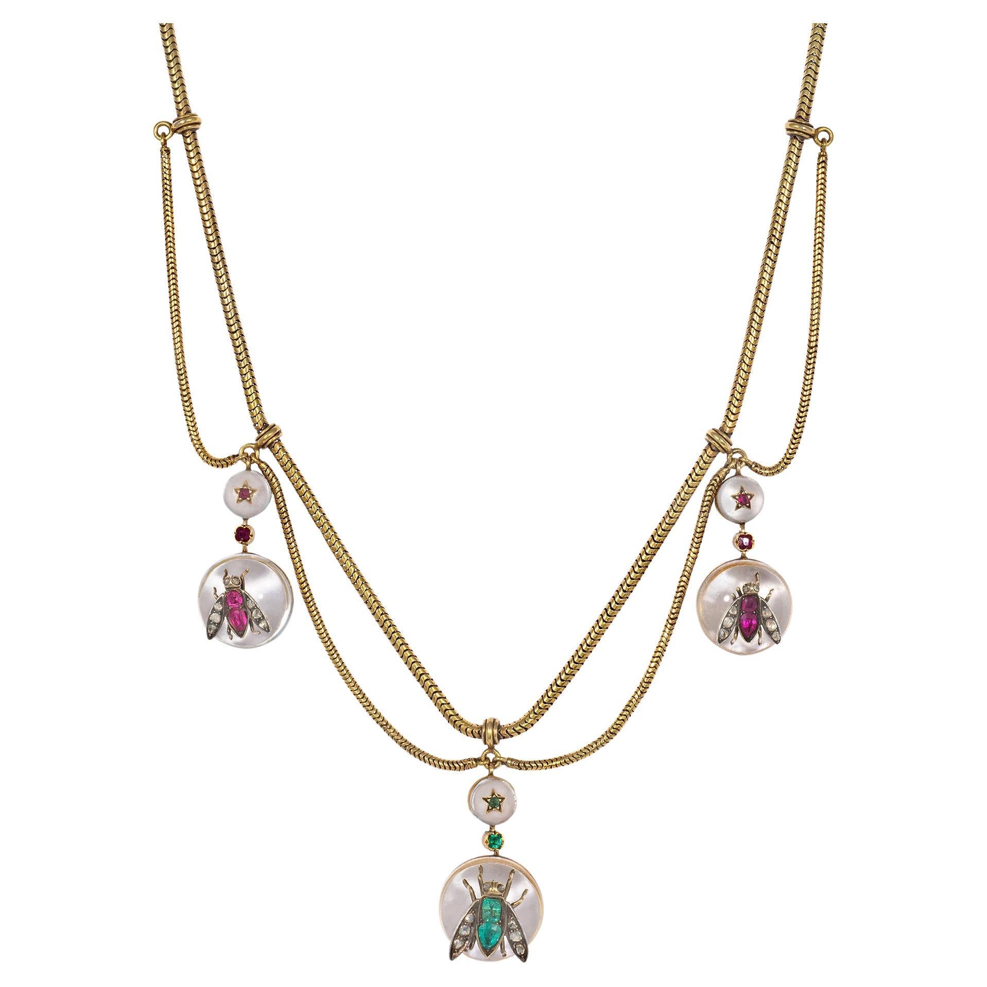 Antique Gold Festoon Necklace with Crystal Pendants Inset with Gemstone Insects For Sale