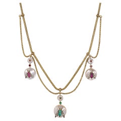 Antique Gold Festoon Necklace with Crystal Pendants Inset with Gemstone Insects