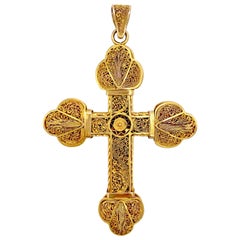 Antique 1860 Two Colour 14 Kt Gold Filigree Cross Pendant Necklace Italy, Genova