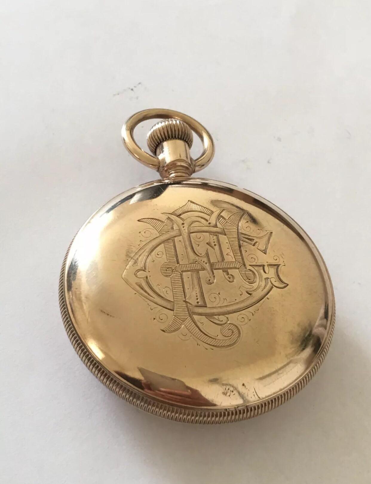 Antique Gold Filled Duplex Pocket Watch by Charles Benedict Waterbury Watch Co For Sale 3