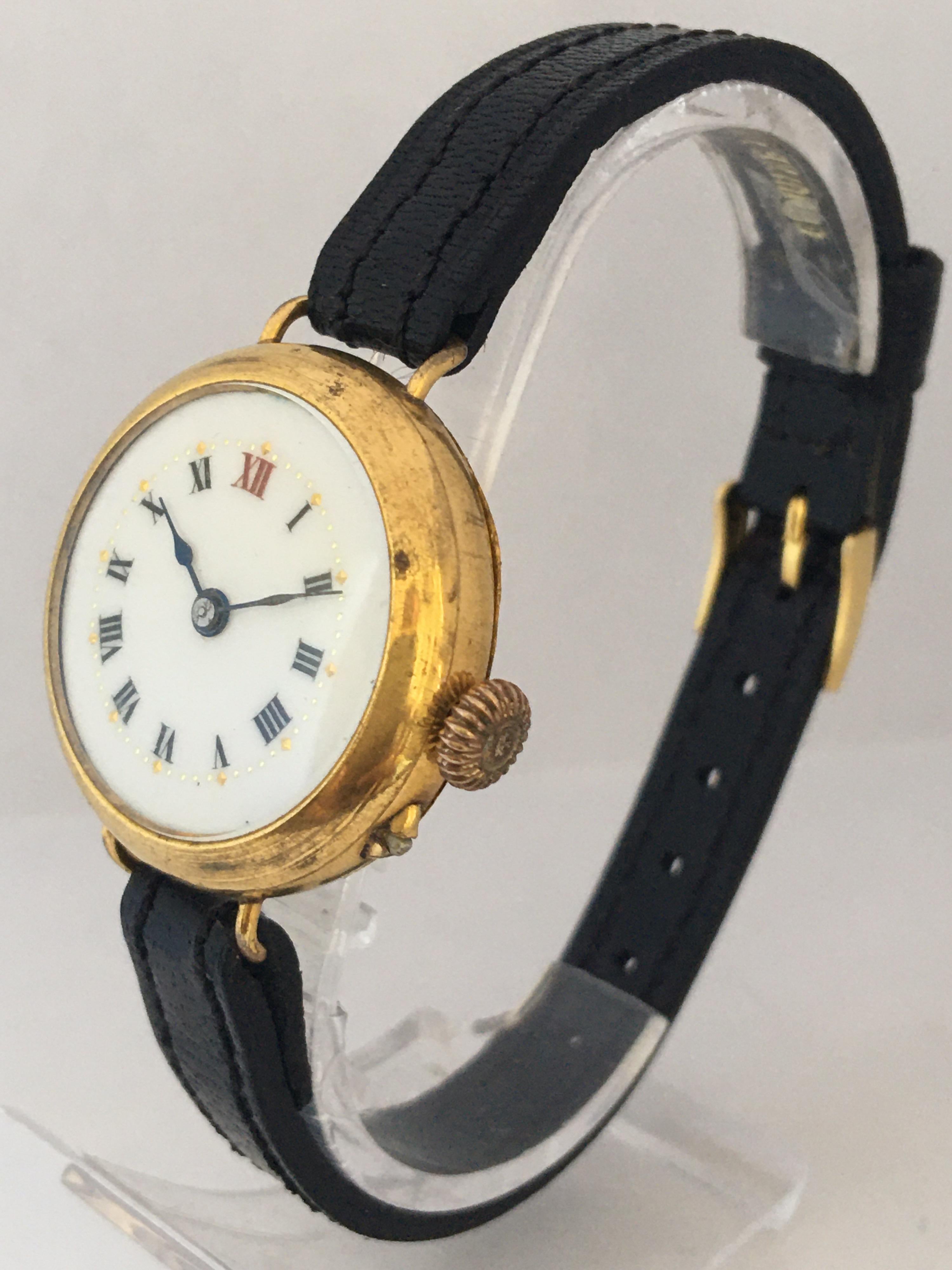 This beautiful pre-owned antique hand winding ladies trench watch is working and it is ticking well, but I cannot guarantee the time accuracy. Visible signs of ageing and wear with light scratches on the glass and on the watch case as shown. The
