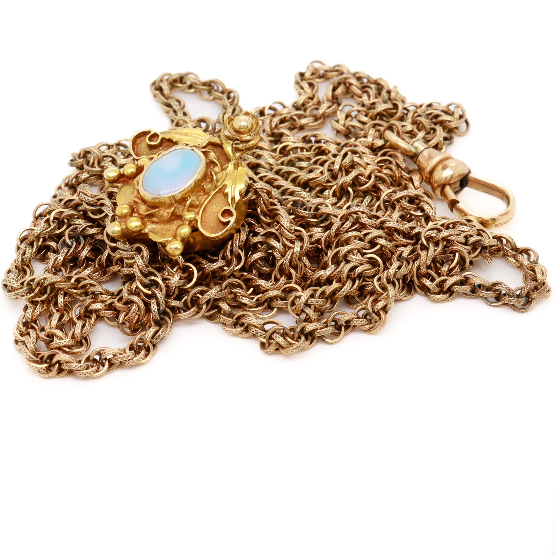 Collana a catena Longuard in oro antico con un'apertura con cabochon in opale 14k in vendita 4