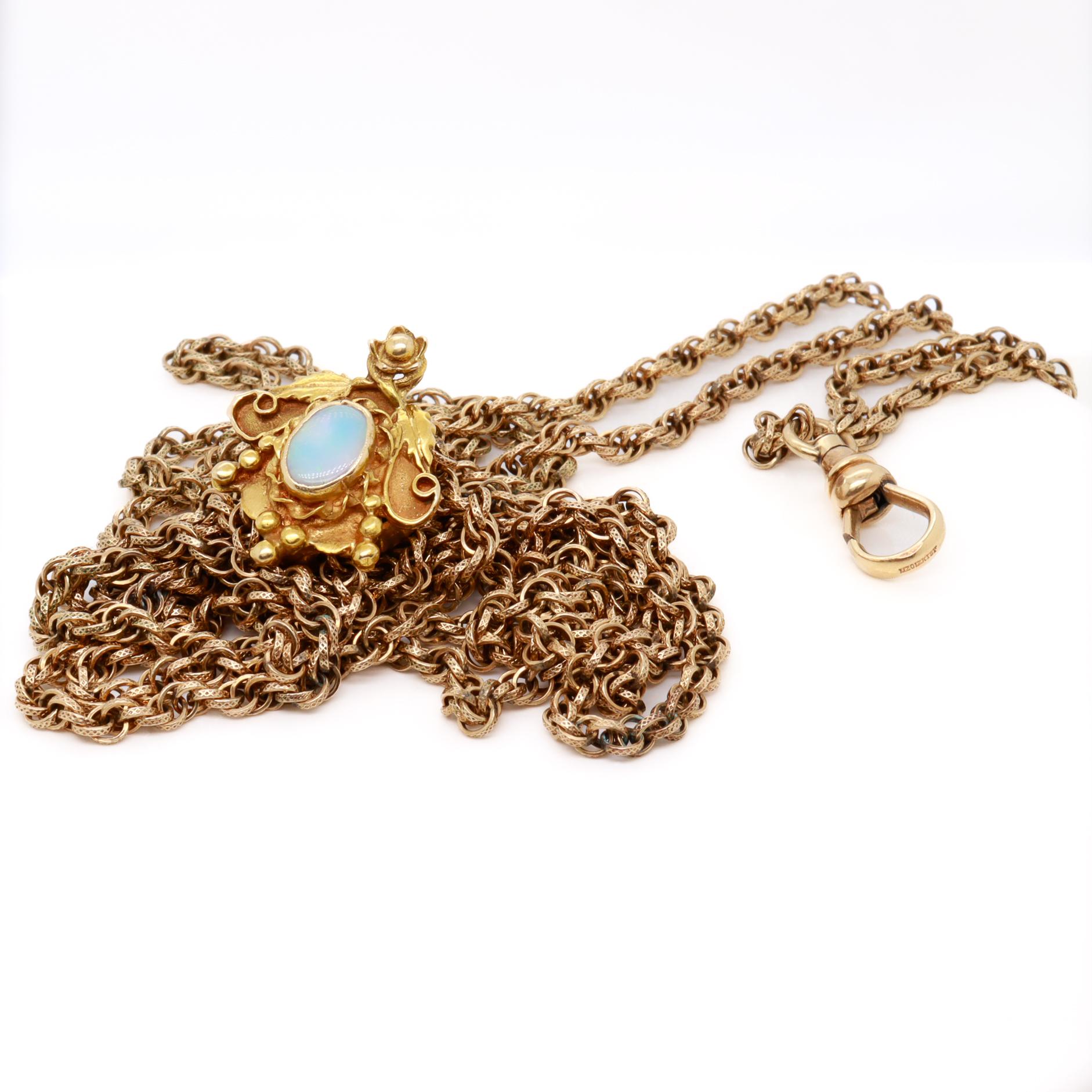 Collana a catena Longuard in oro antico con un'apertura con cabochon in opale 14k in vendita 3