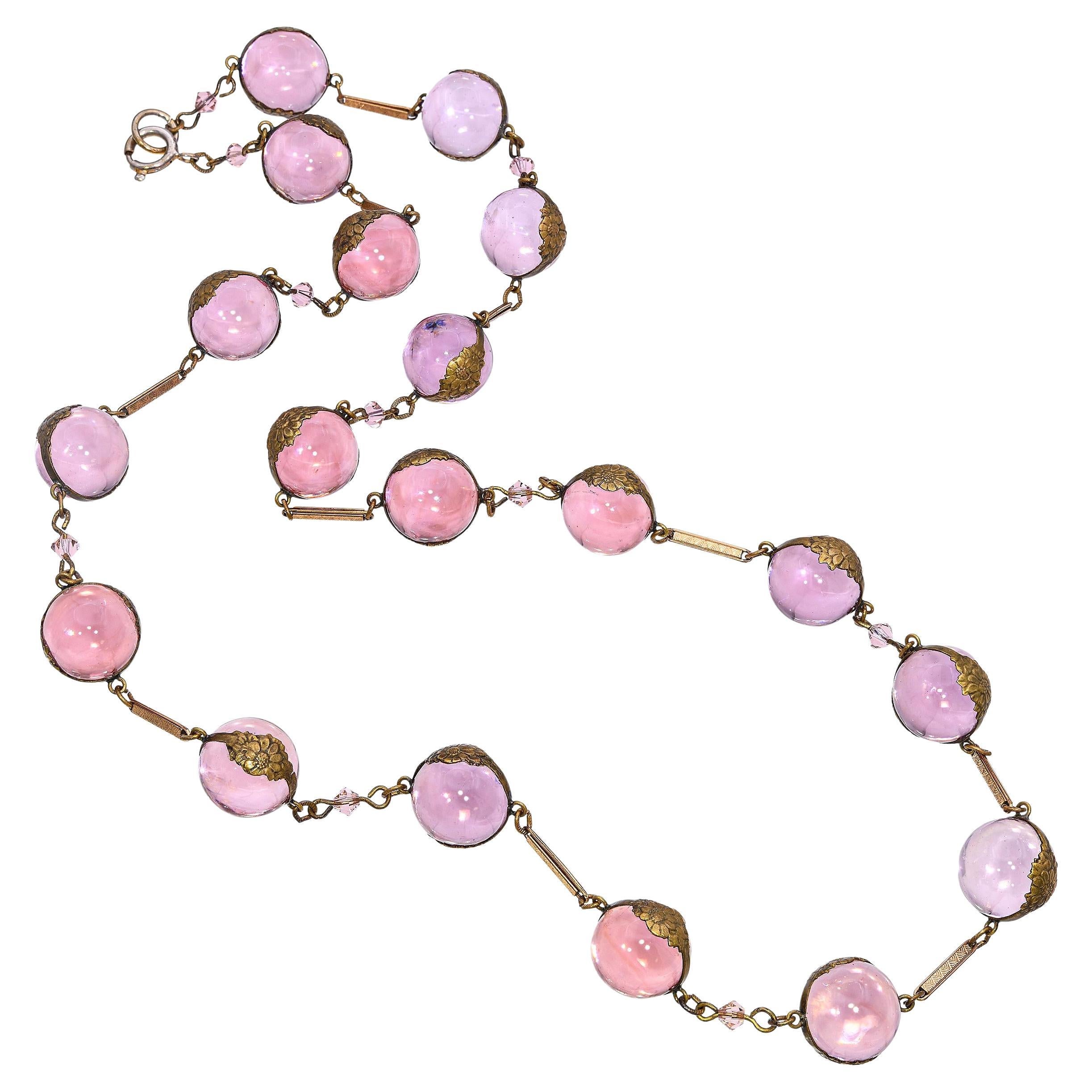 Antique Gold Filled Pinkish Purple Pools of Light Bead Station Necklace For Sale