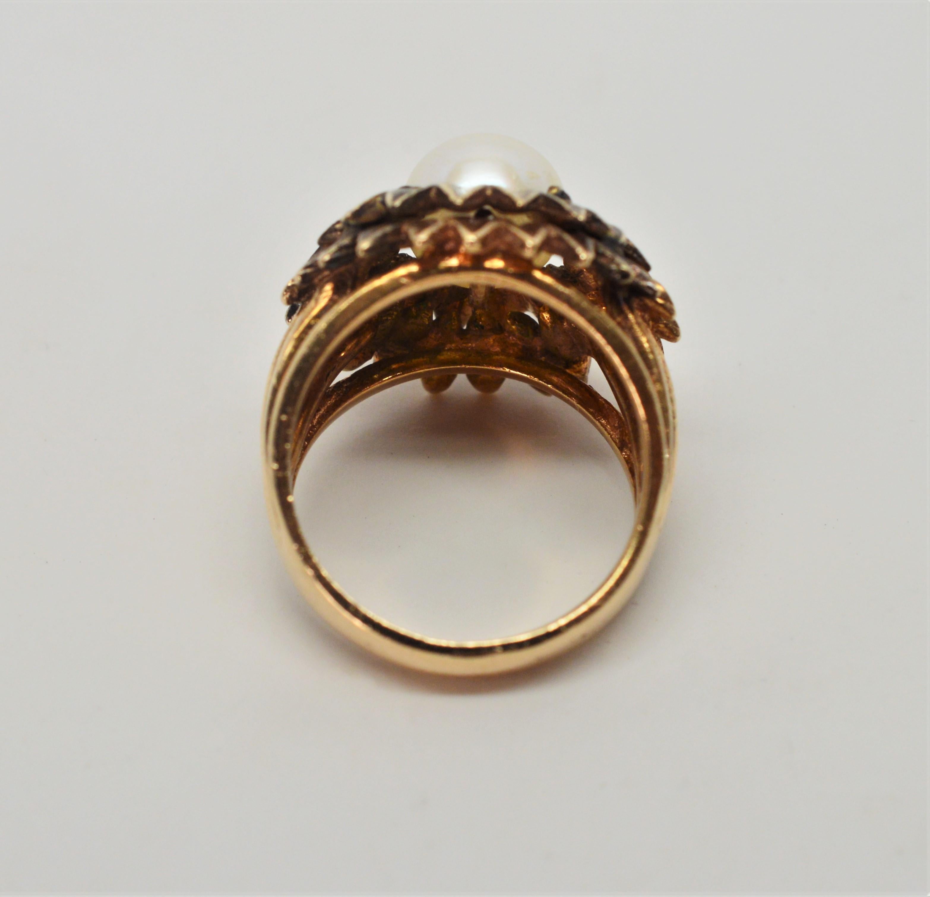 Antique Gold Floral Burst Ring with Pearl 3