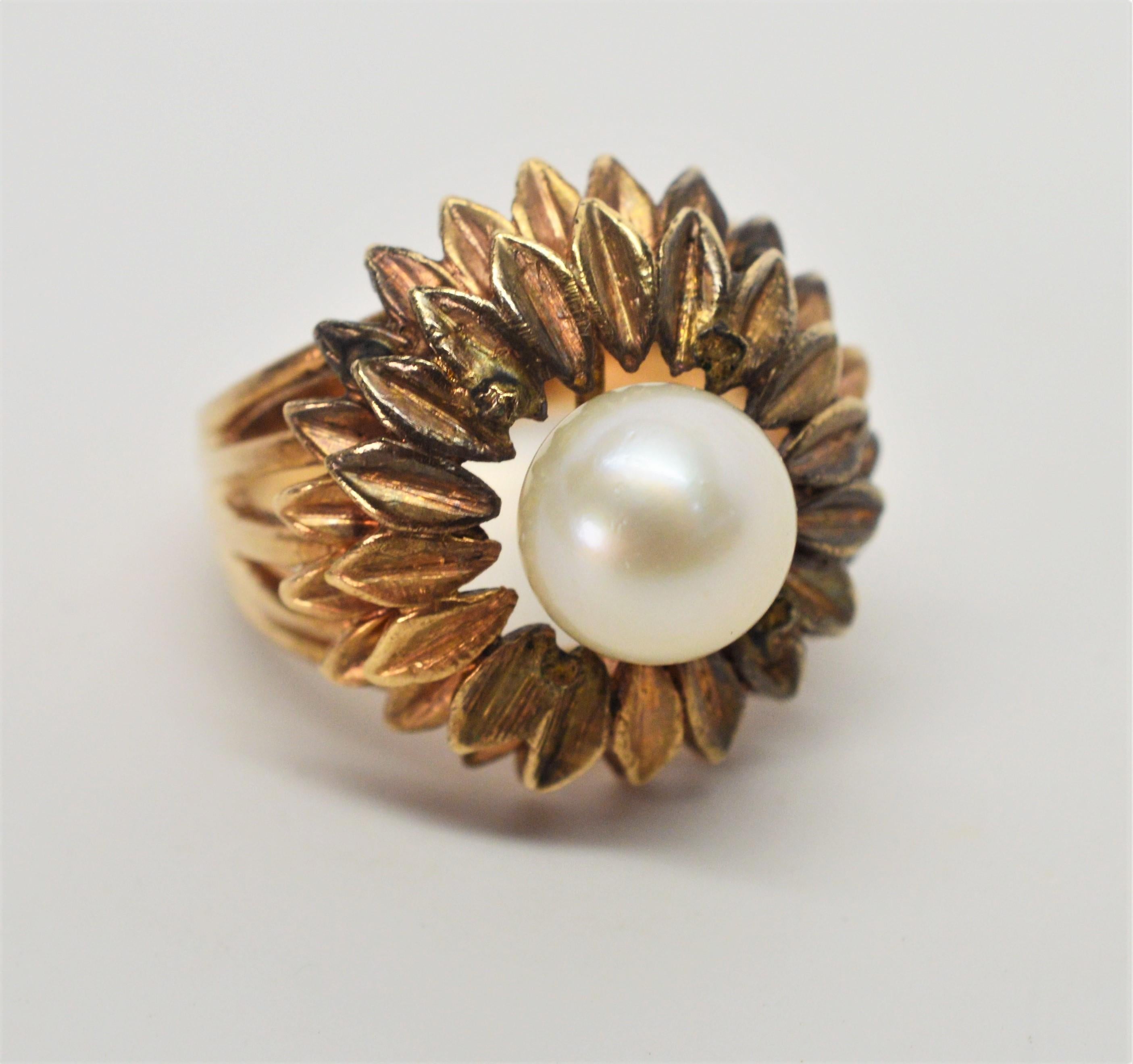 Antique Gold Floral Burst Ring with Pearl 4