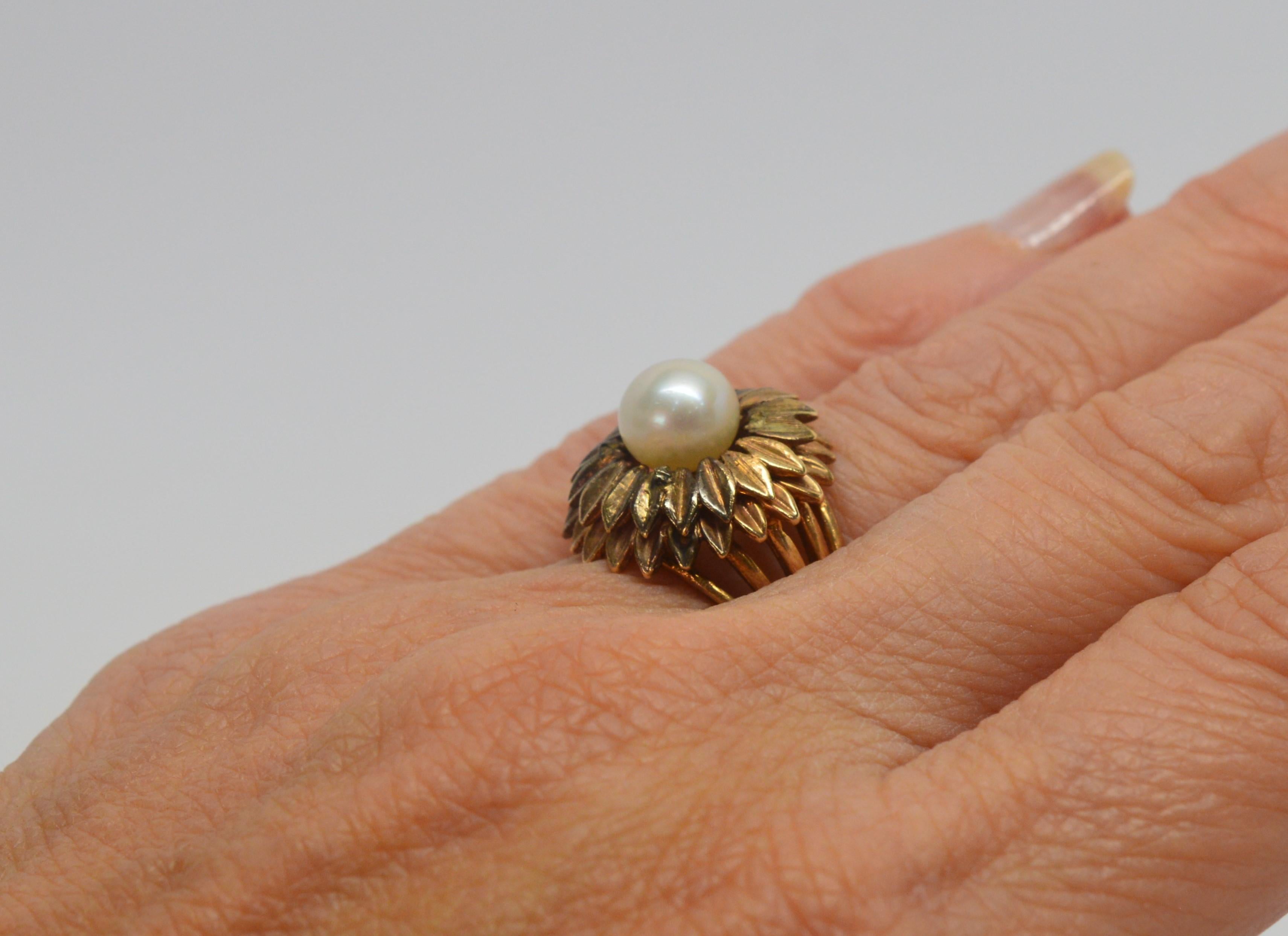 Antique Gold Floral Burst Ring with Pearl 5