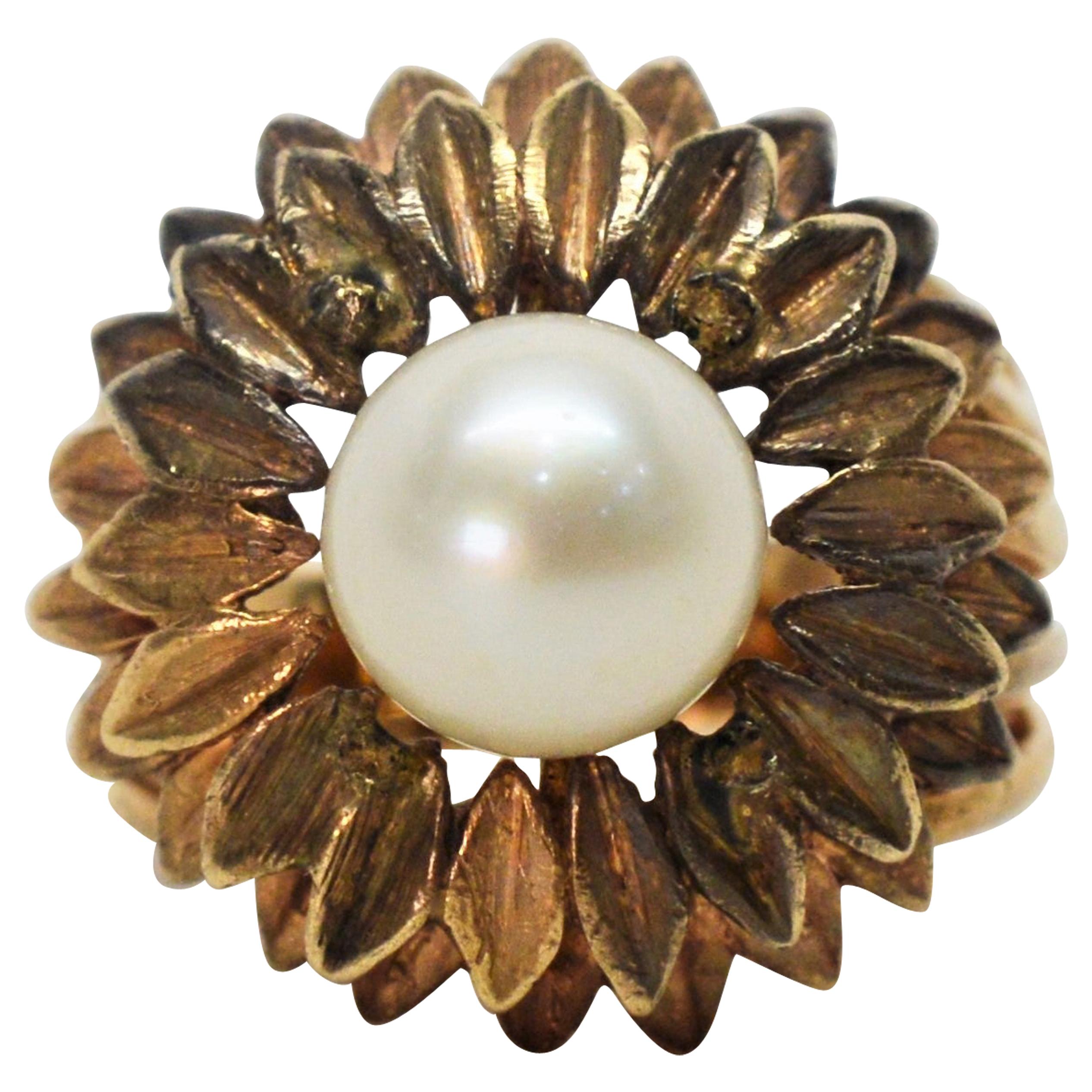 Antique Gold Floral Burst Ring with Pearl