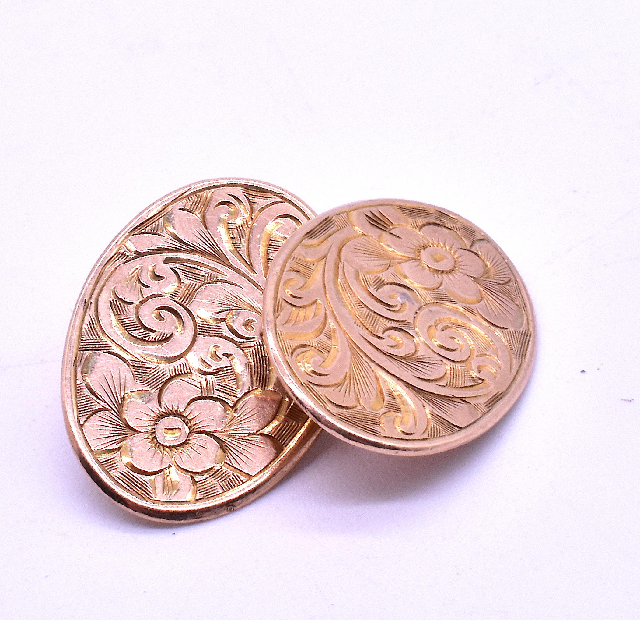 Art Nouveau Antique Gold Floral Engraved Oval Cufflinks, Hallmarked 1908