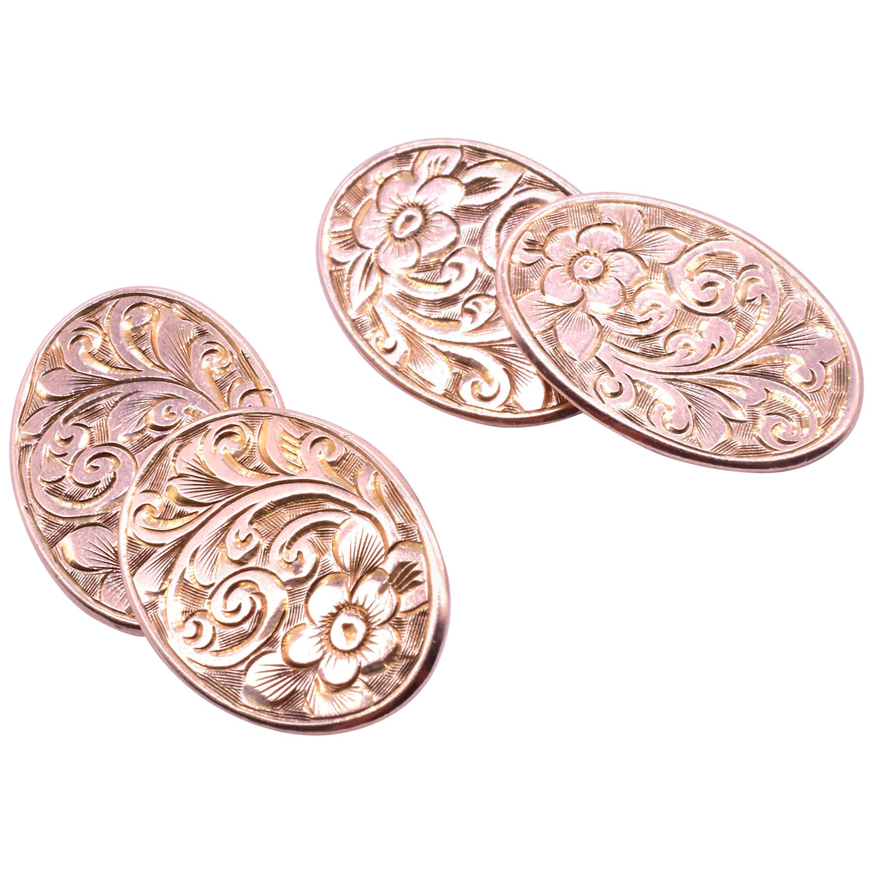 Antique Gold Floral Engraved Oval Cufflinks, Hallmarked 1908