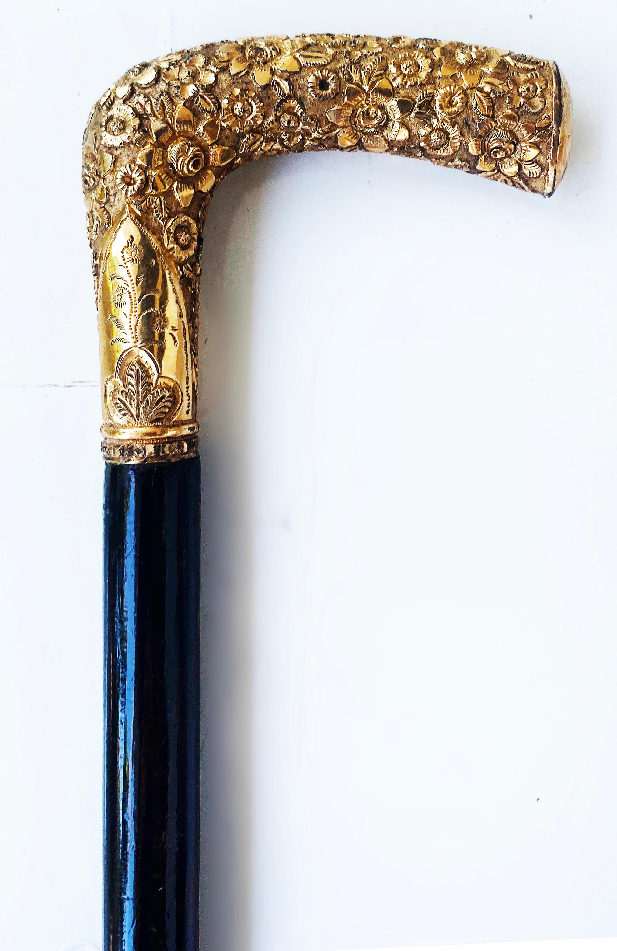 Late Victorian Antique Gold Floral Repousse Monogrammed Walking Stick For Sale