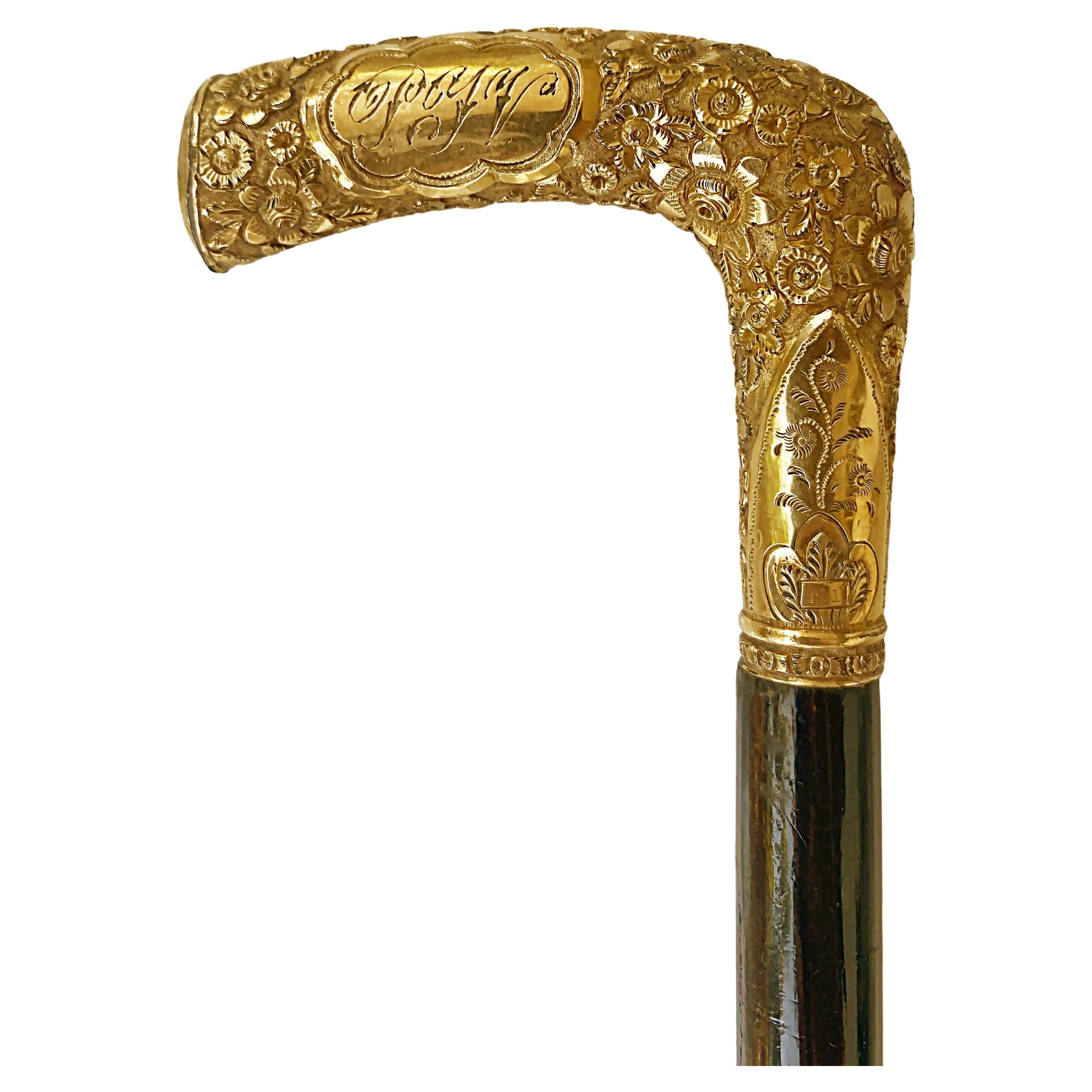 Antique Gold Floral Repousse Monogrammed Walking Stick For Sale