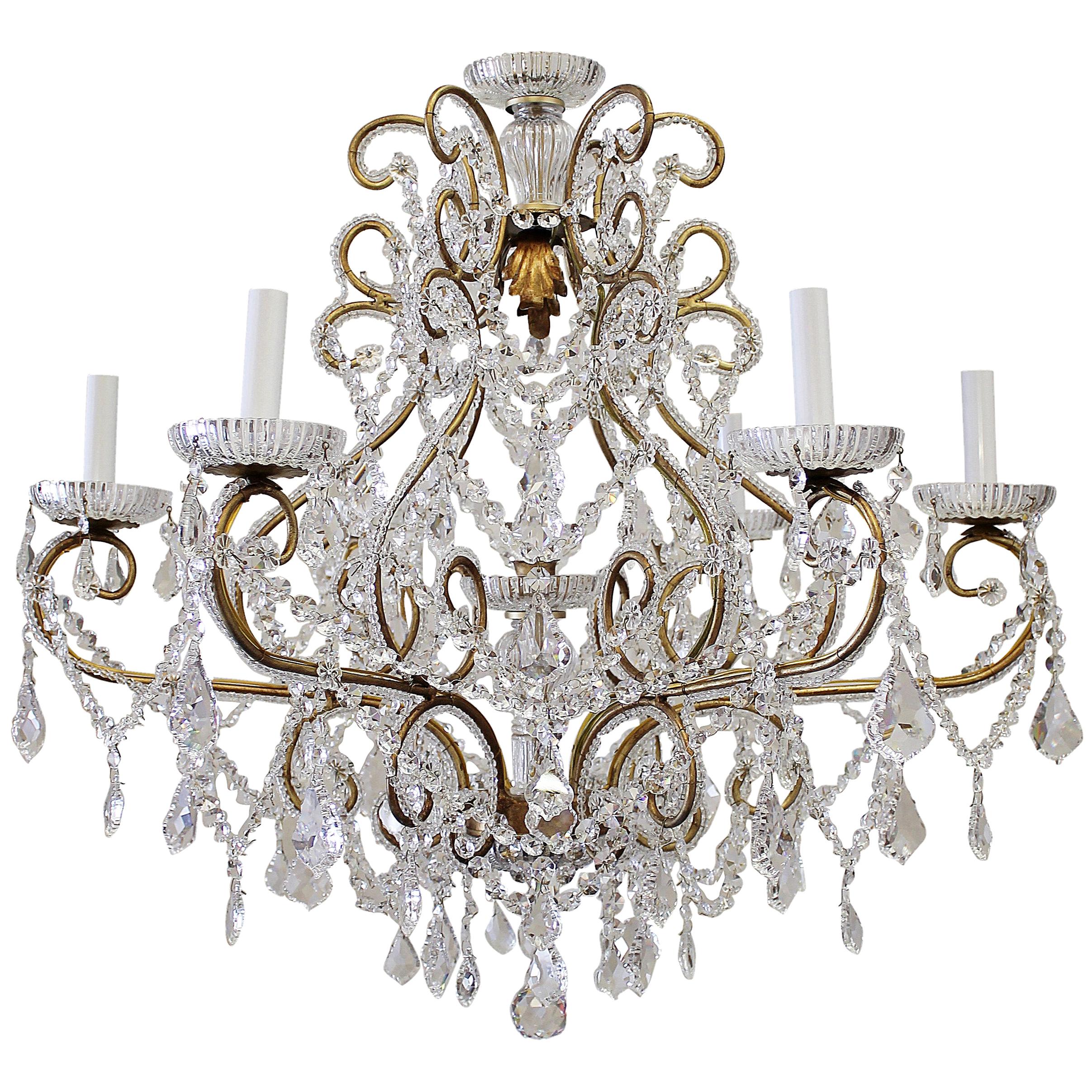 Antique Gold French Beaded Crystal Chandelier with Six-Light