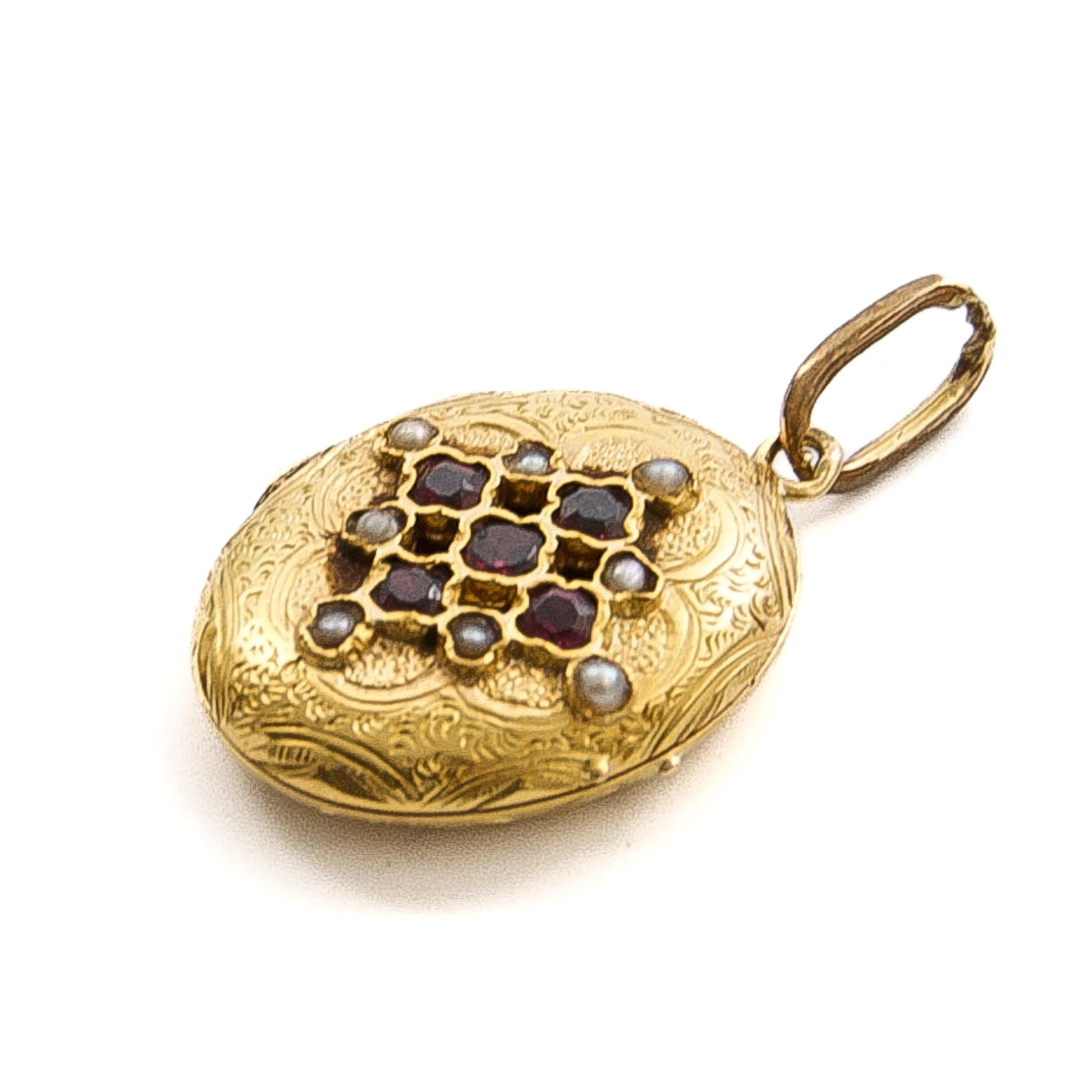 Pendentif ancien en or, grenats et perles orientales Bon état - En vente à Rotterdam, NL
