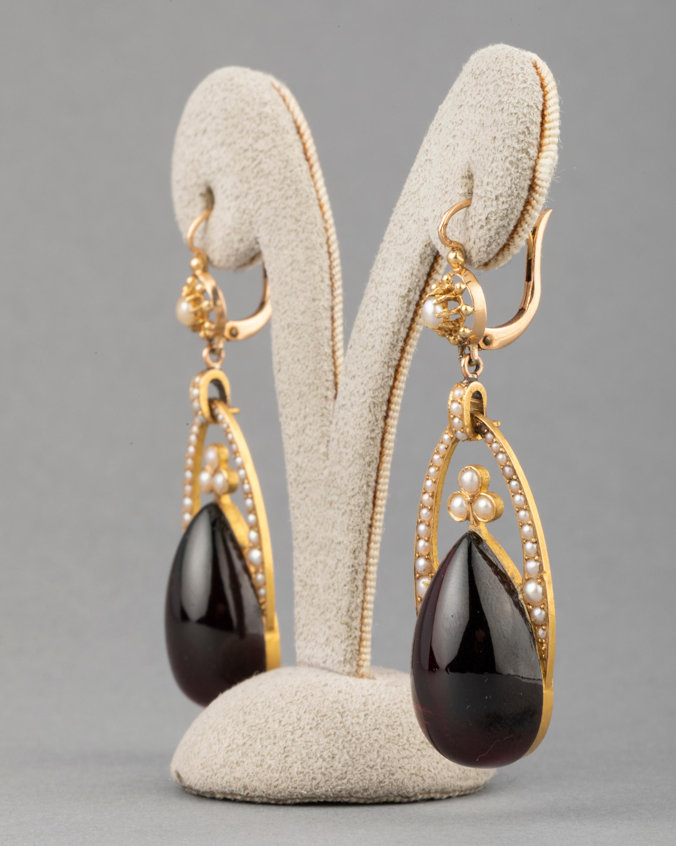 Pear Cut Antique Gold Garnets and Pearls Earrings For Sale