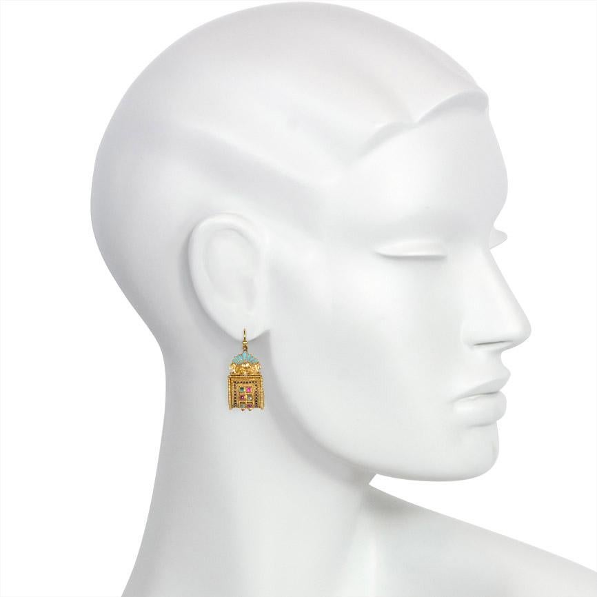 Antique Gold Gemset Egyptian Revival Earrings with Enamel Accents In Good Condition In New York, NY