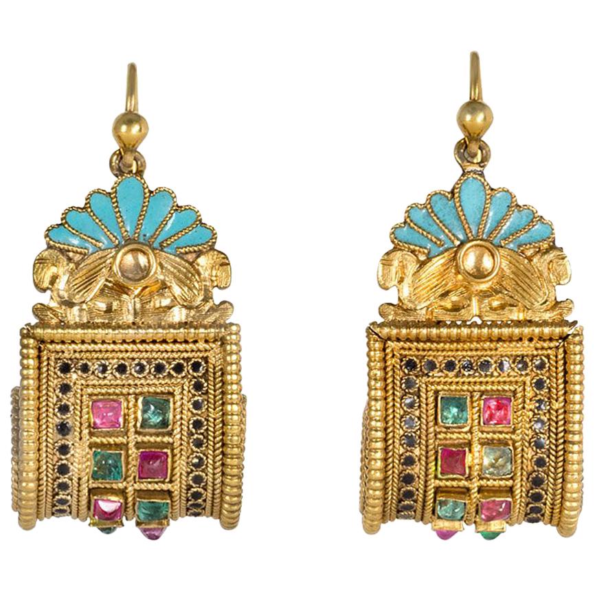 Antique Gold Gemset Egyptian Revival Earrings with Enamel Accents