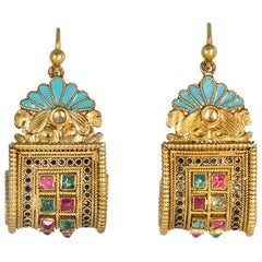 Antique Gold Gemset Egyptian Revival Earrings with Enamel Accents