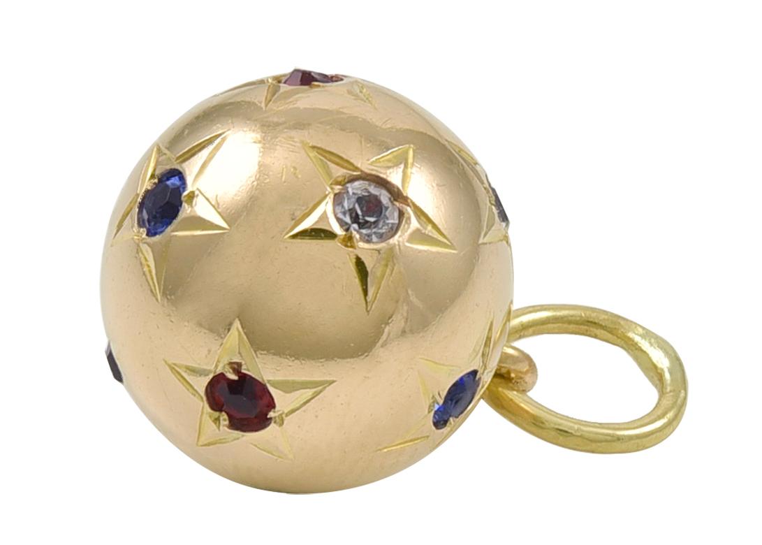 Women's or Men's Antique Gold Gemset Lucky Star Globe Charm
