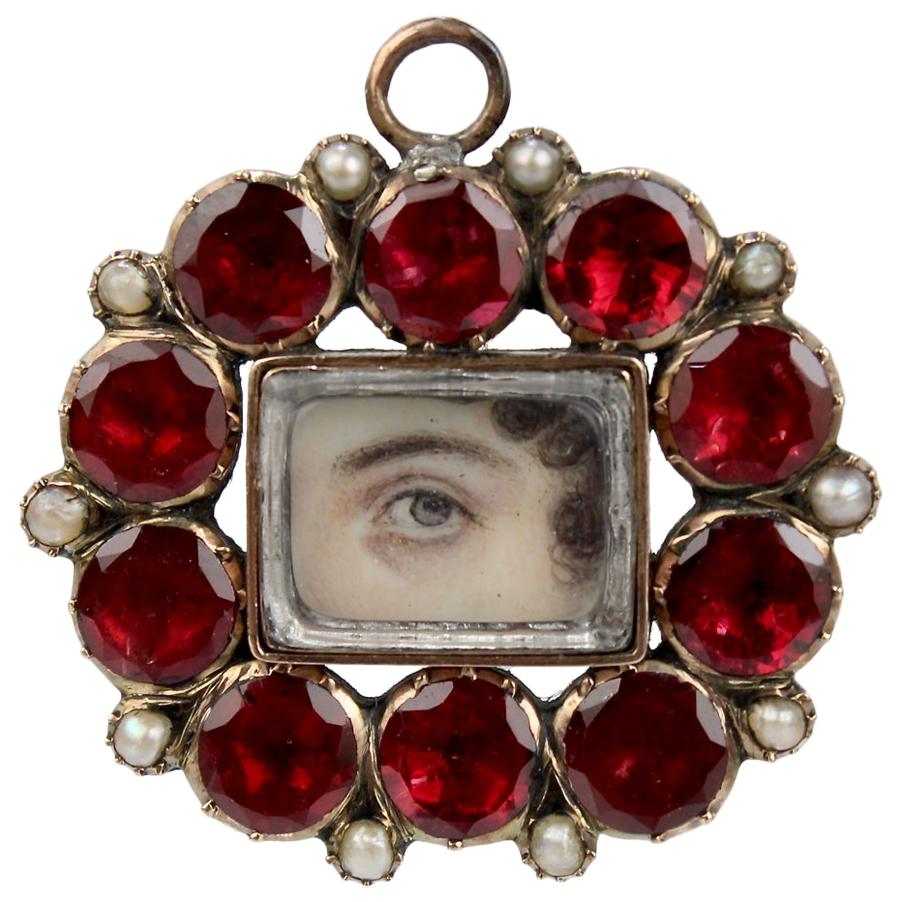 Antique Gold Georgian Lover's Eye Necklace Pendant with Garnet and Pearls