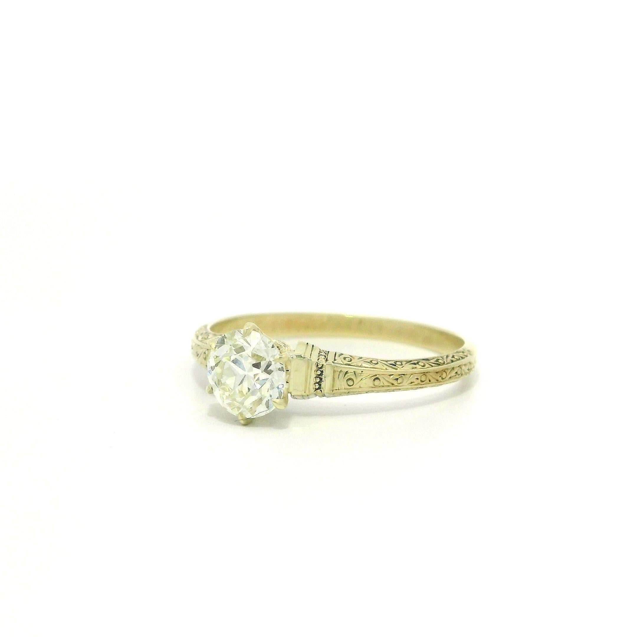 Antique Gold GIA .76ct Scroll Work European Diamond Solitaire Engagement Ring For Sale 5