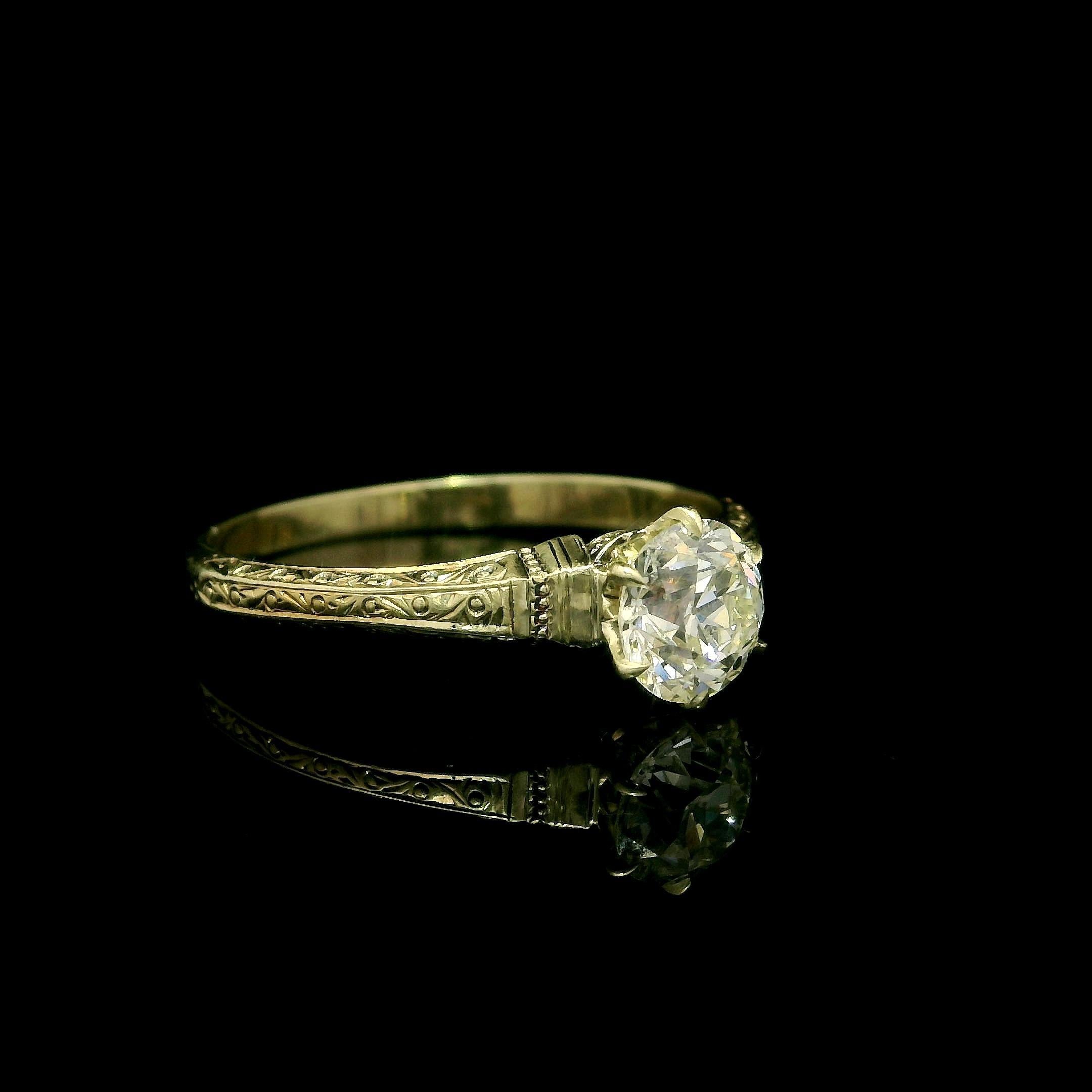 Antique Gold GIA .76ct Scroll Work European Diamond Solitaire Engagement Ring For Sale 6