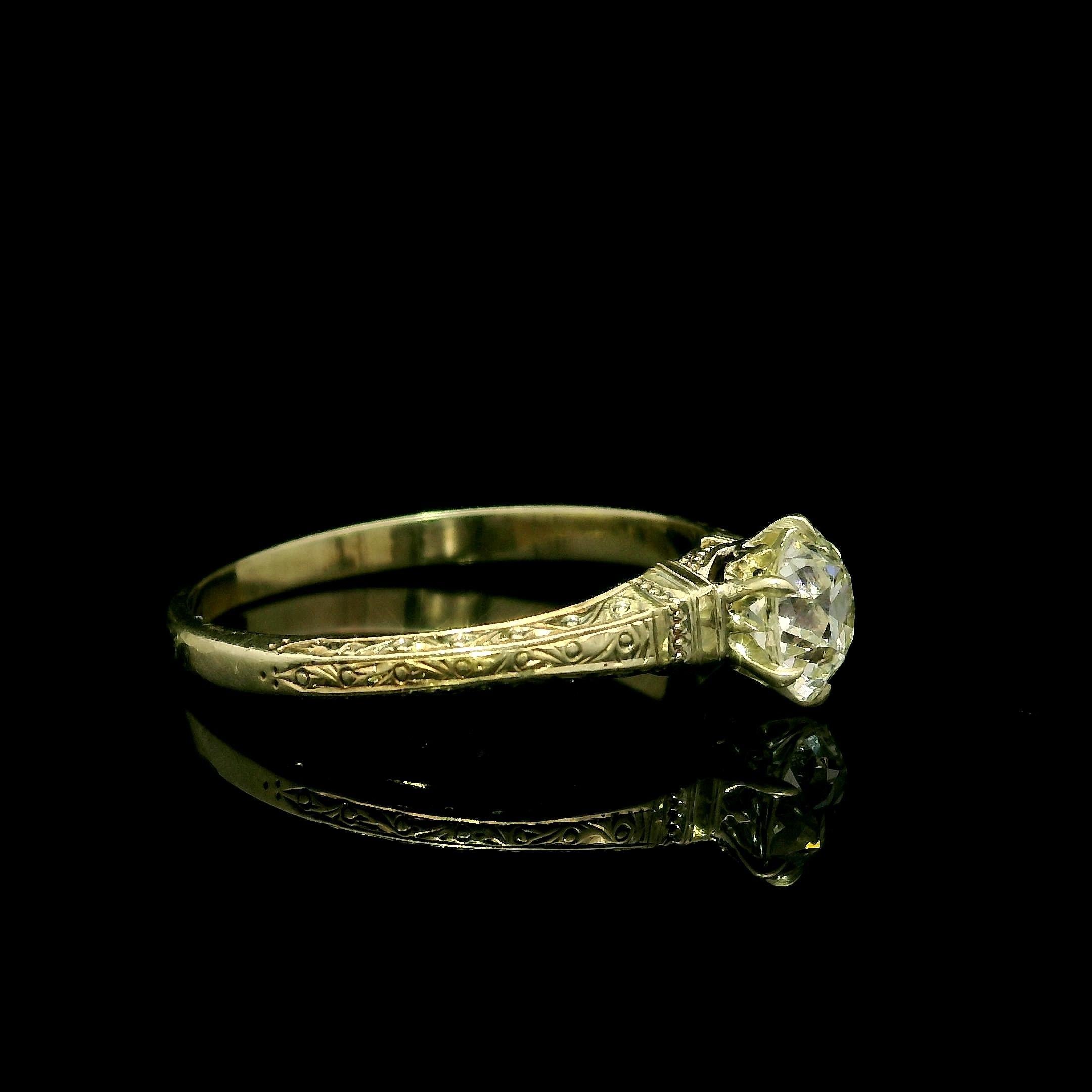 Antique Gold GIA .76ct Scroll Work European Diamond Solitaire Engagement Ring For Sale 7