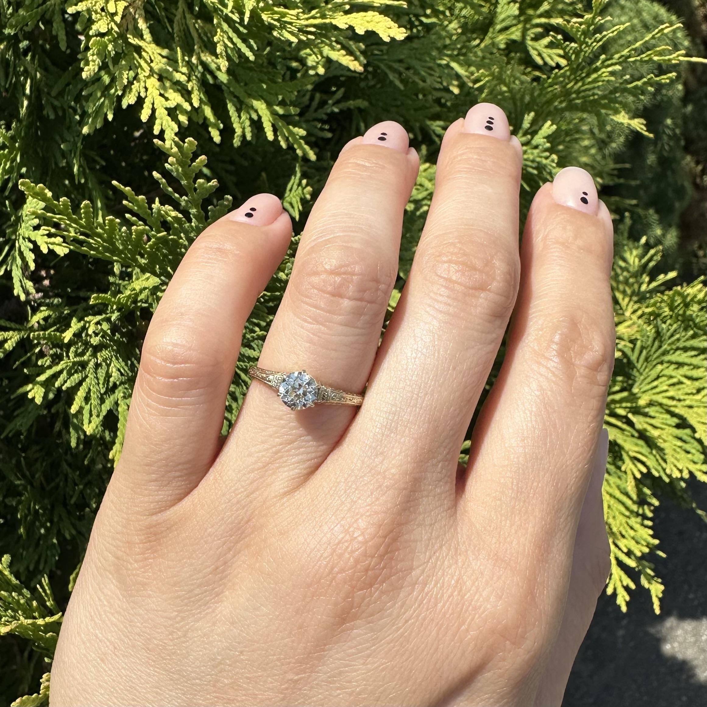 Antique Gold GIA .76ct Scroll Work European Diamond Solitaire Engagement Ring For Sale 8