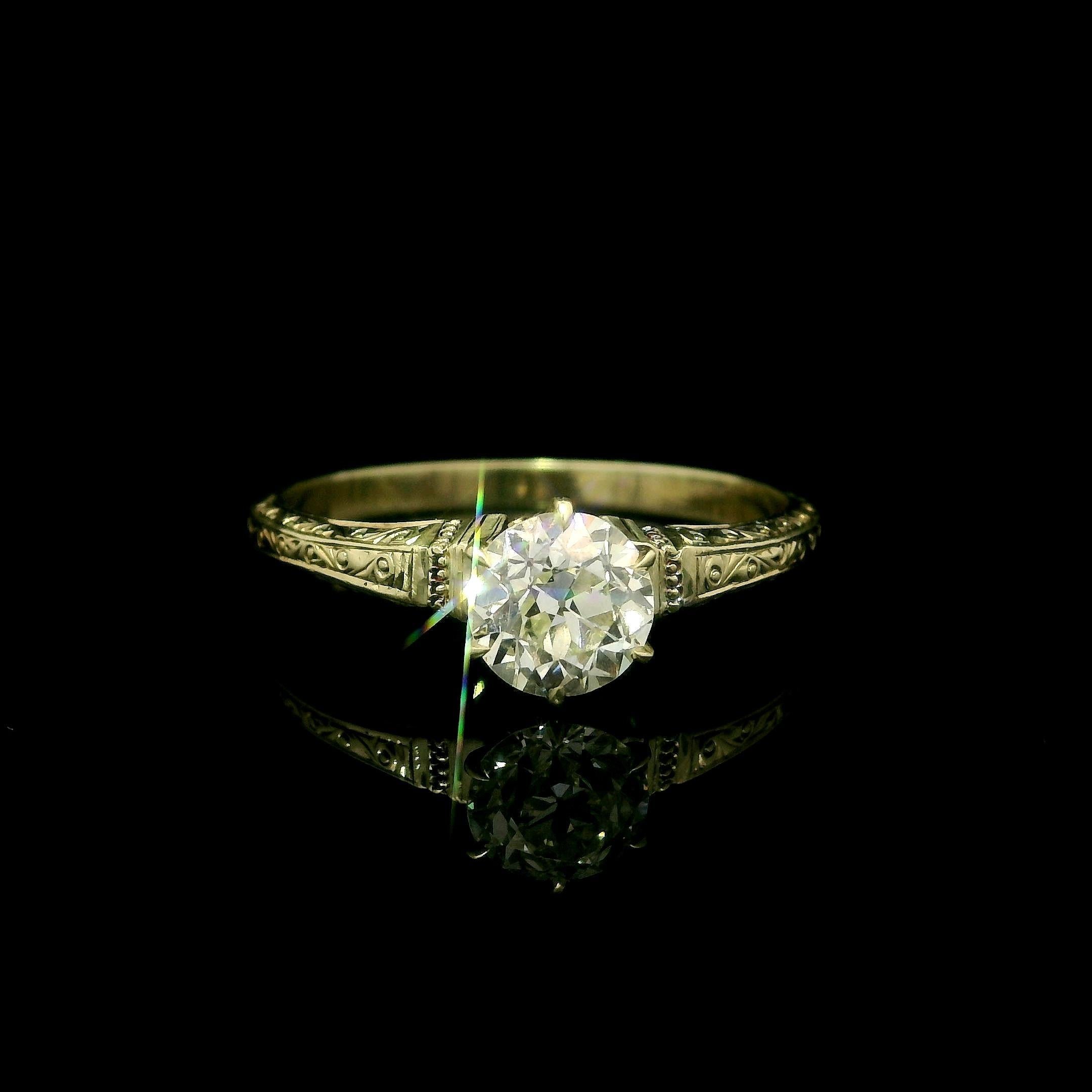 --Stone(s):--
(1) Natural Genuine Diamond - Old European Cut - Prong Set- Nice Fiery Diamond - L Color - VS1 Clarity - 0.76ct (exact - certified)
** See Certification Details Below for Complete Info **

Material: Solid 14k Yellow Gold 
Weight: 2.16