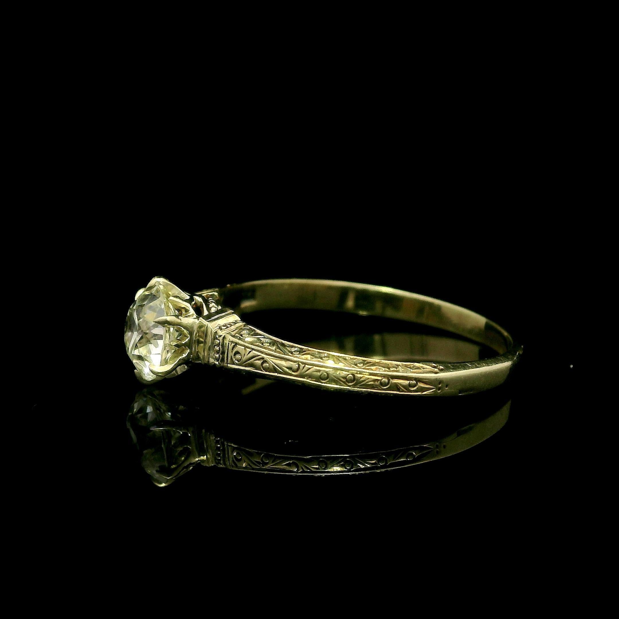 Old European Cut Antique Gold GIA .76ct Scroll Work European Diamond Solitaire Engagement Ring For Sale