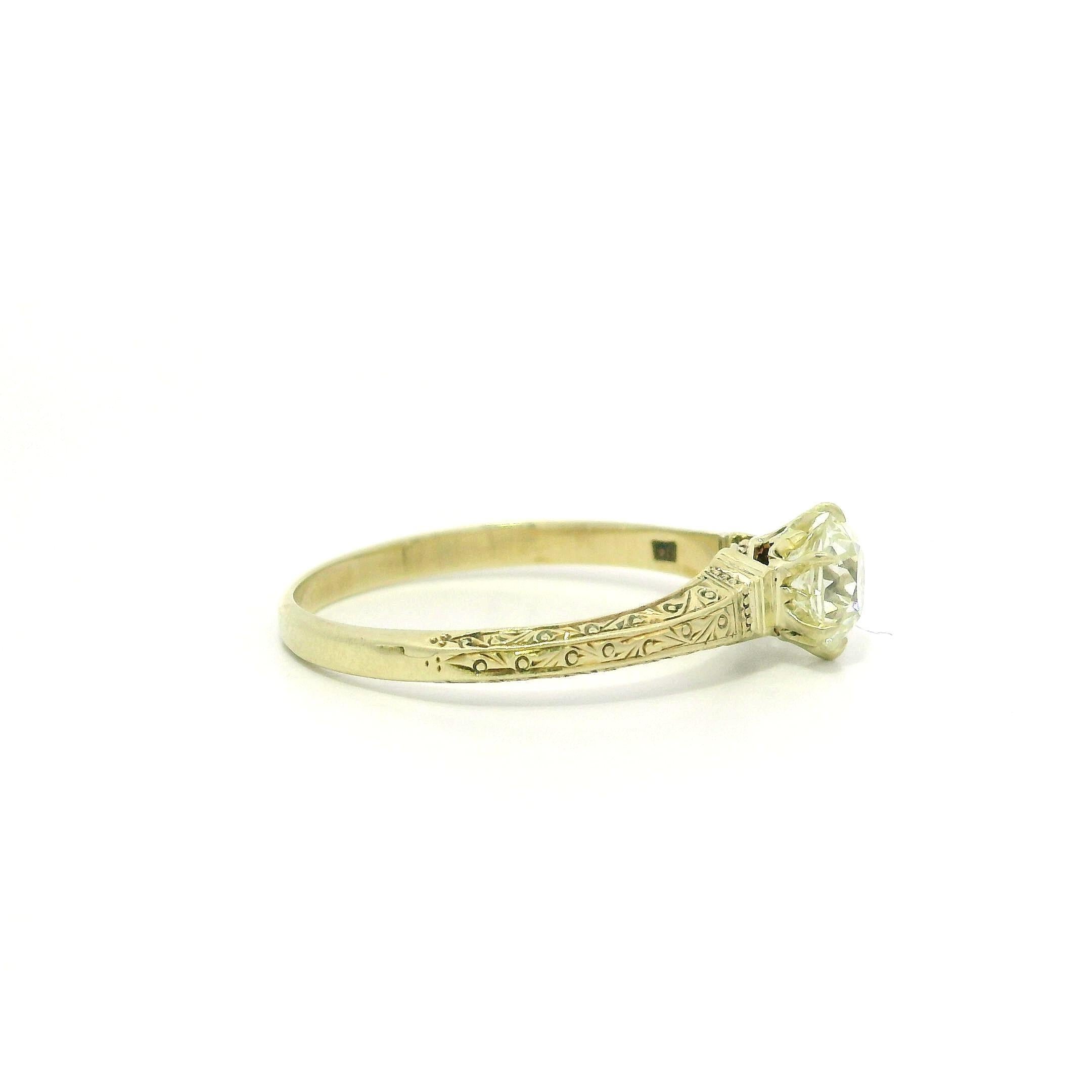 Antique Gold GIA .76ct Scroll Work European Diamond Solitaire Engagement Ring In Good Condition For Sale In Montclair, NJ