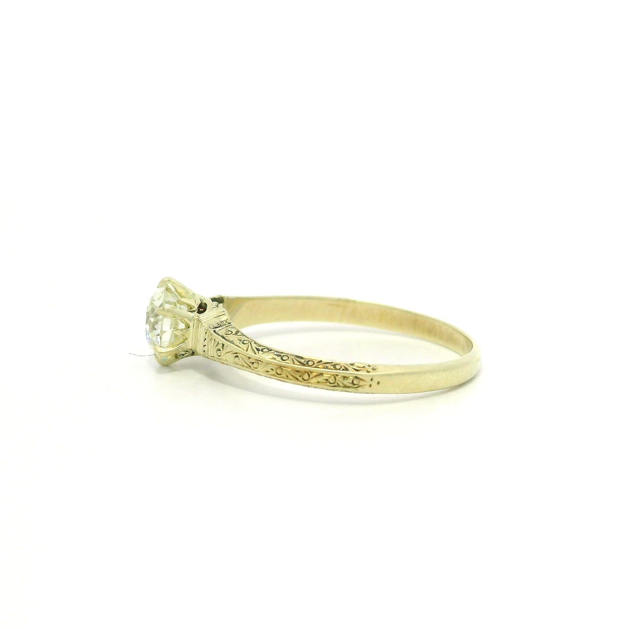 Antique Gold GIA .76ct Scroll Work European Diamond Solitaire Engagement Ring For Sale 1