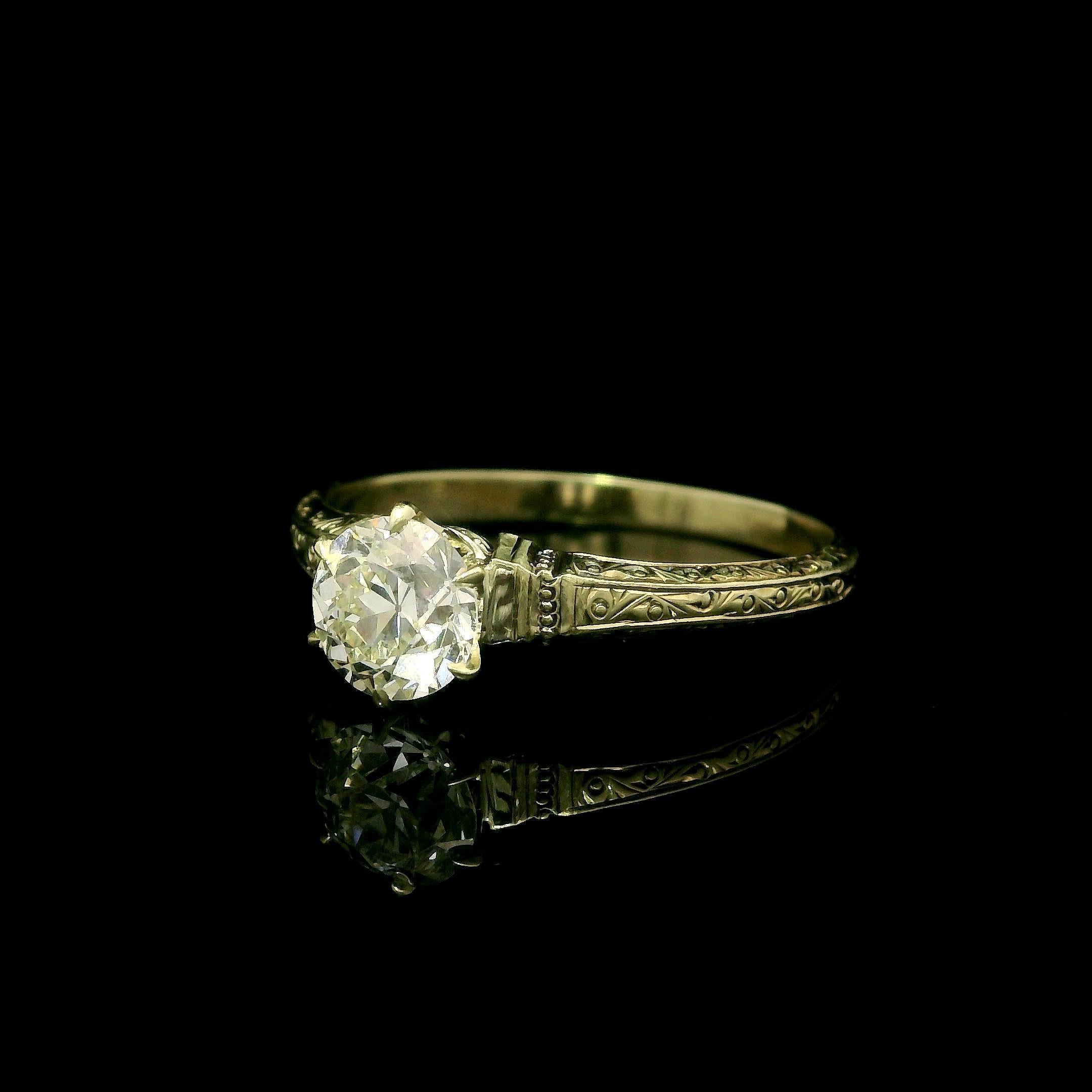 Antique Gold GIA .76ct Scroll Work European Diamond Solitaire Engagement Ring For Sale 3