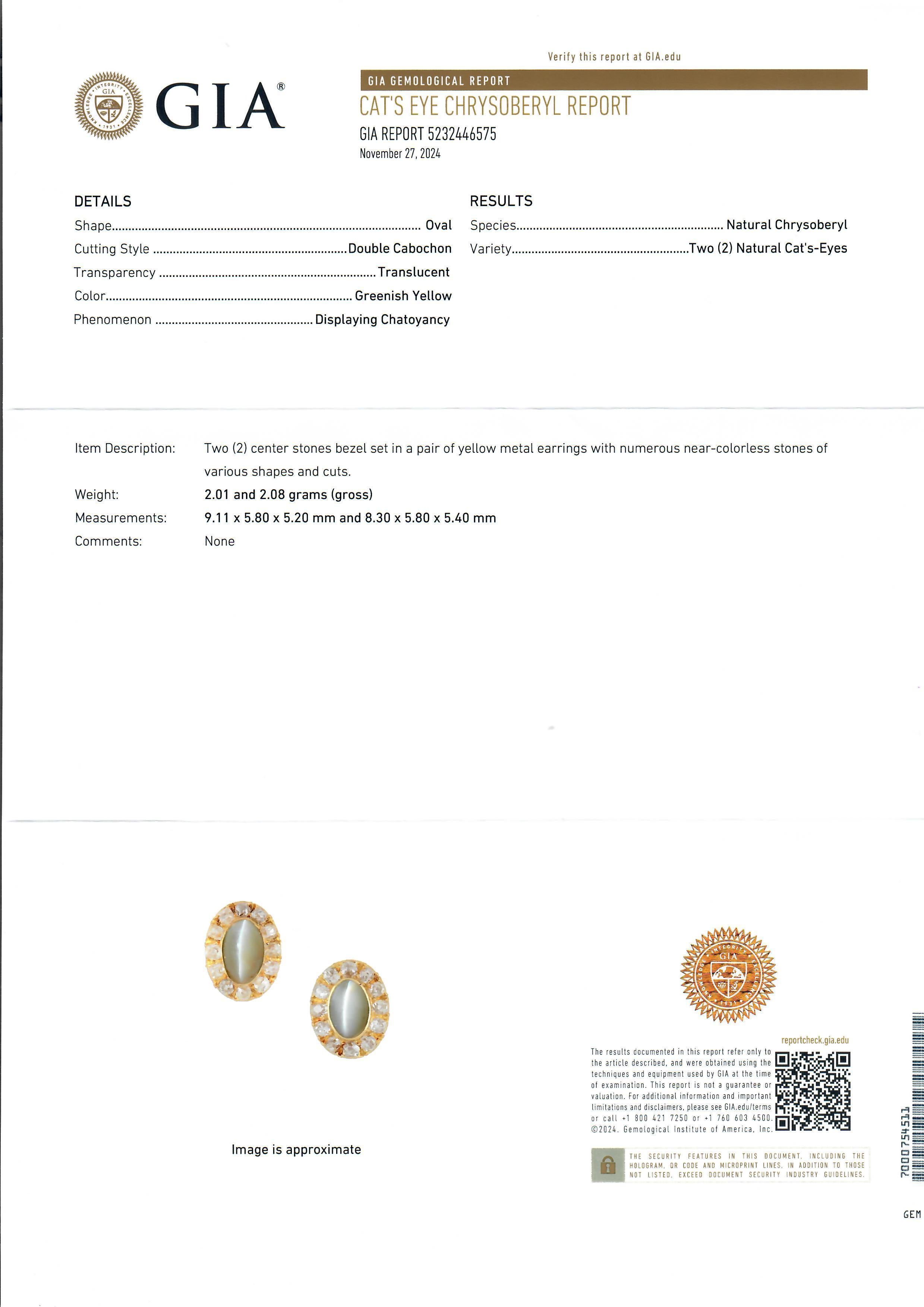 Cabochon Antique Gold GIA Chrysoberyl Cat's Eyes Old Mine Cut Halo Oval Stud Earrings For Sale