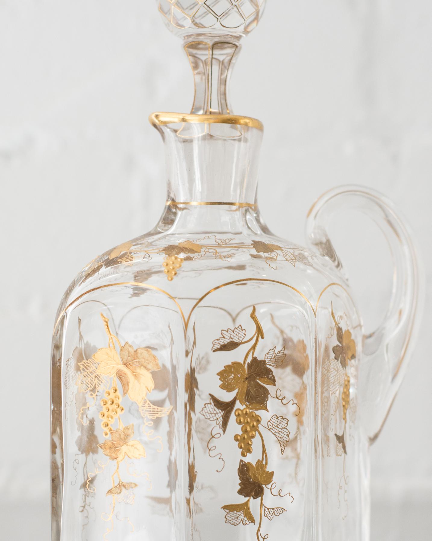 Czech Antique Gold Gilt Glass Decanter with Grapes