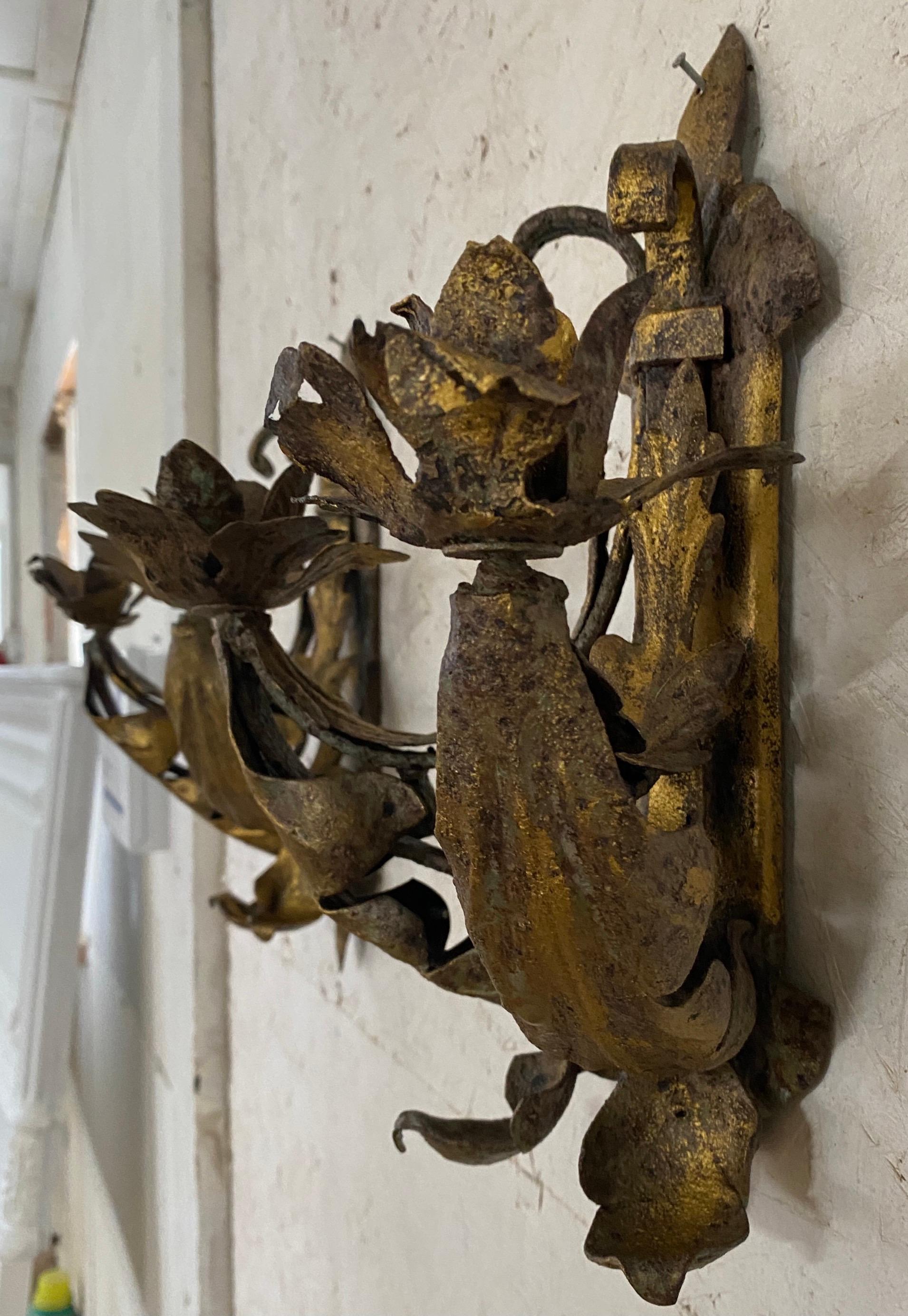 Antique Gold Gilt Iron Leaf Candle Sconces, Pair For Sale 6