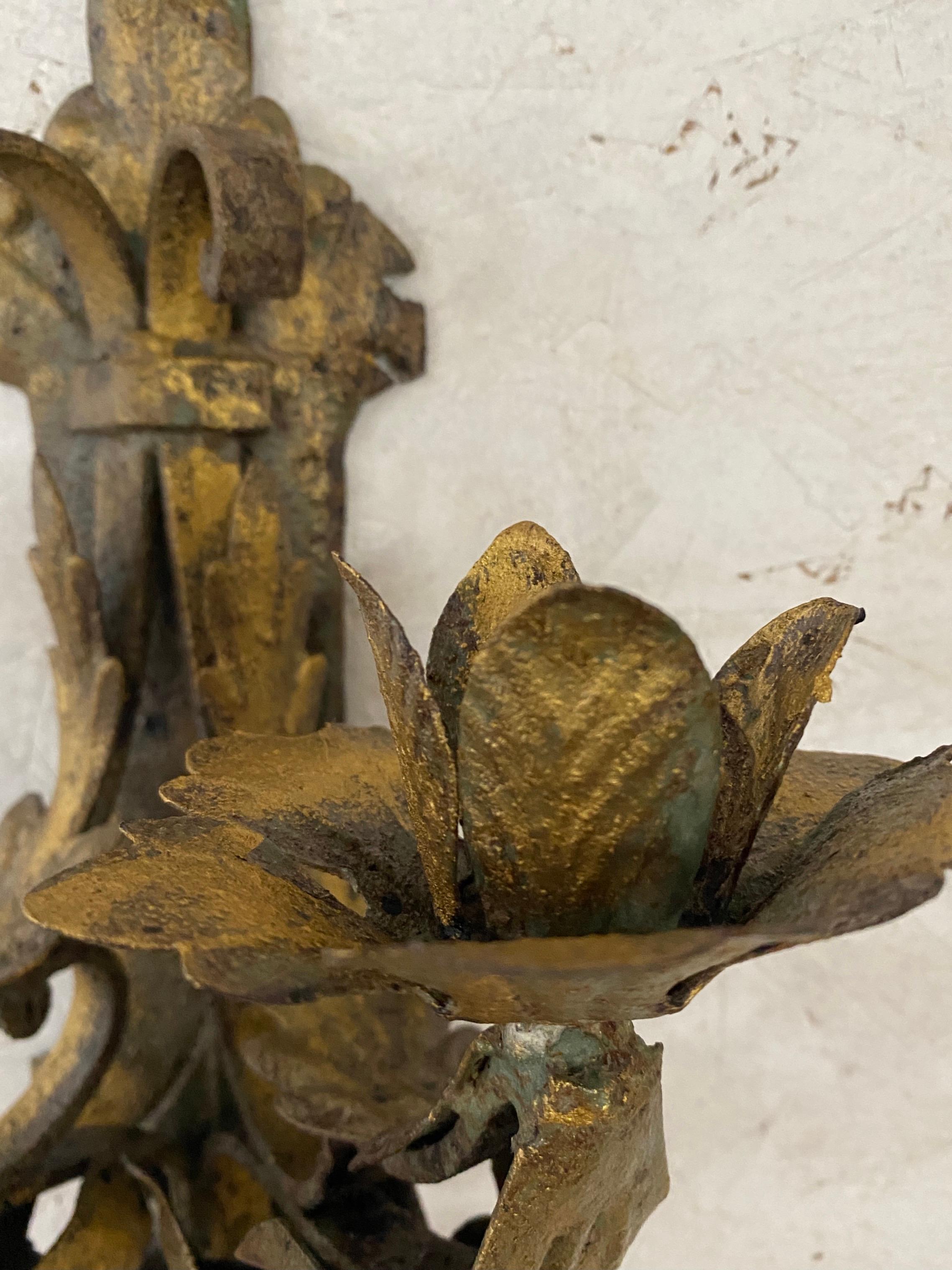19th Century Antique Gold Gilt Iron Leaf Candle Sconces, Pair For Sale