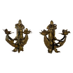 Antique Gold Gilt Iron Leaf Candle Sconces, Pair